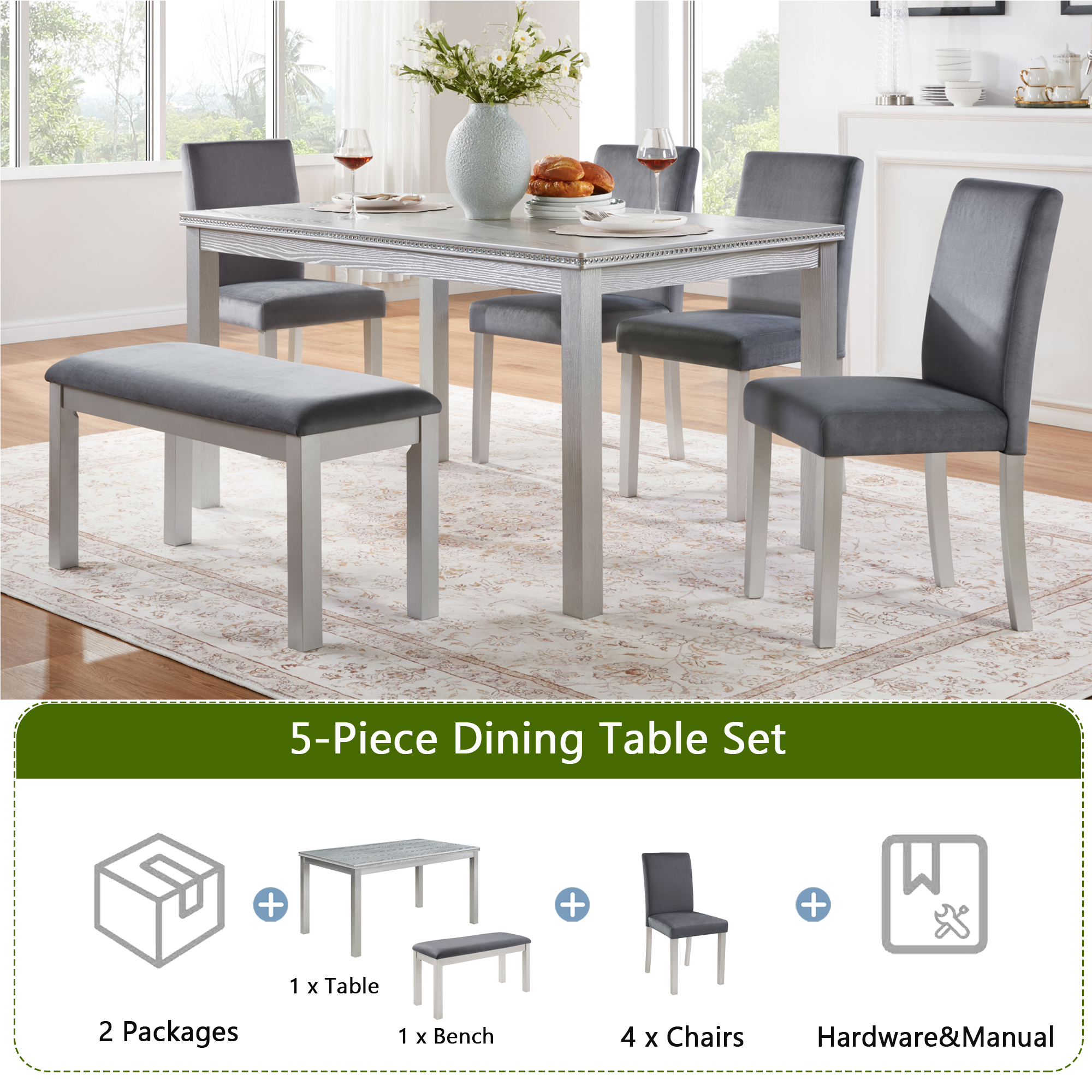 6 Piece Wooden Dining Table Set, Wooden Dining Table with 4 Upholstered Chairs and Bench for 6 People, Rectangular Dining Table Set with Crystal Decoration for Kitchen, Dining Room, Silver grey — foto 3