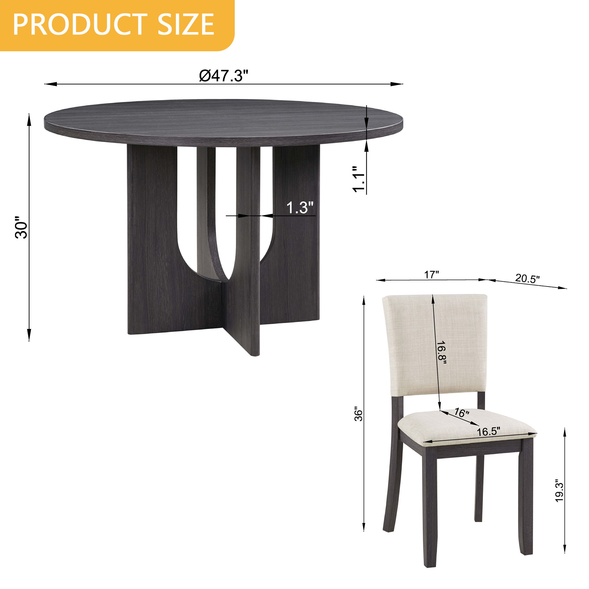 47.3" Round Dining Set with 4  Upholstered Dining Chairs, Modern Round Dining Table Set for 4, 5-Piece Round Dining Table Set for Living Room, Kitchen, Antique Black & Beige — foto 4