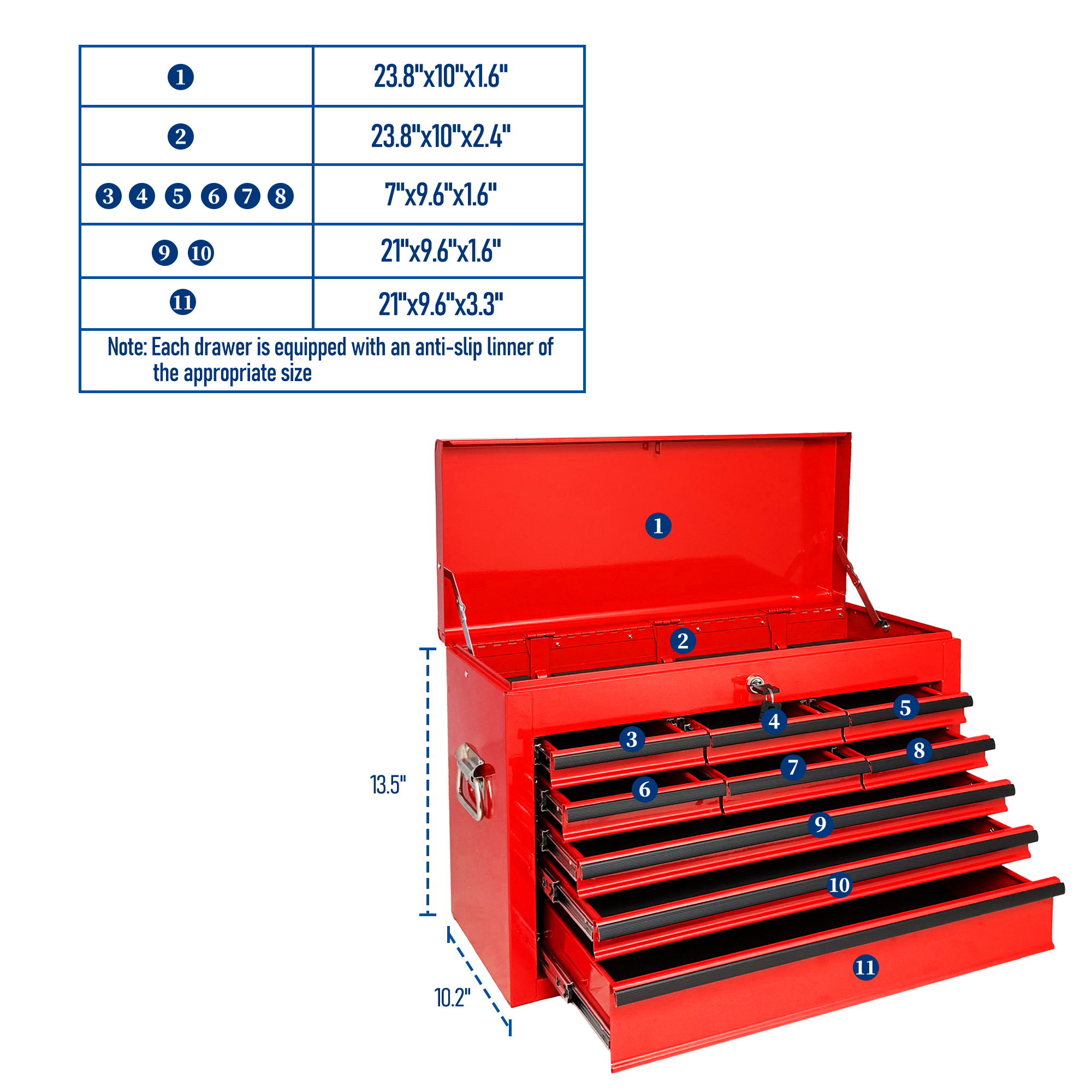 Heavy Duty Metal Tool Box, 24-inch, Portable Metal Tool Box with 9 Drawers, Small Tool Chest with EVA Liners, Ball Bearing Slide Drawers Locking & Powder Coated Finish, Multi-Function Tool Organizer — foto 5