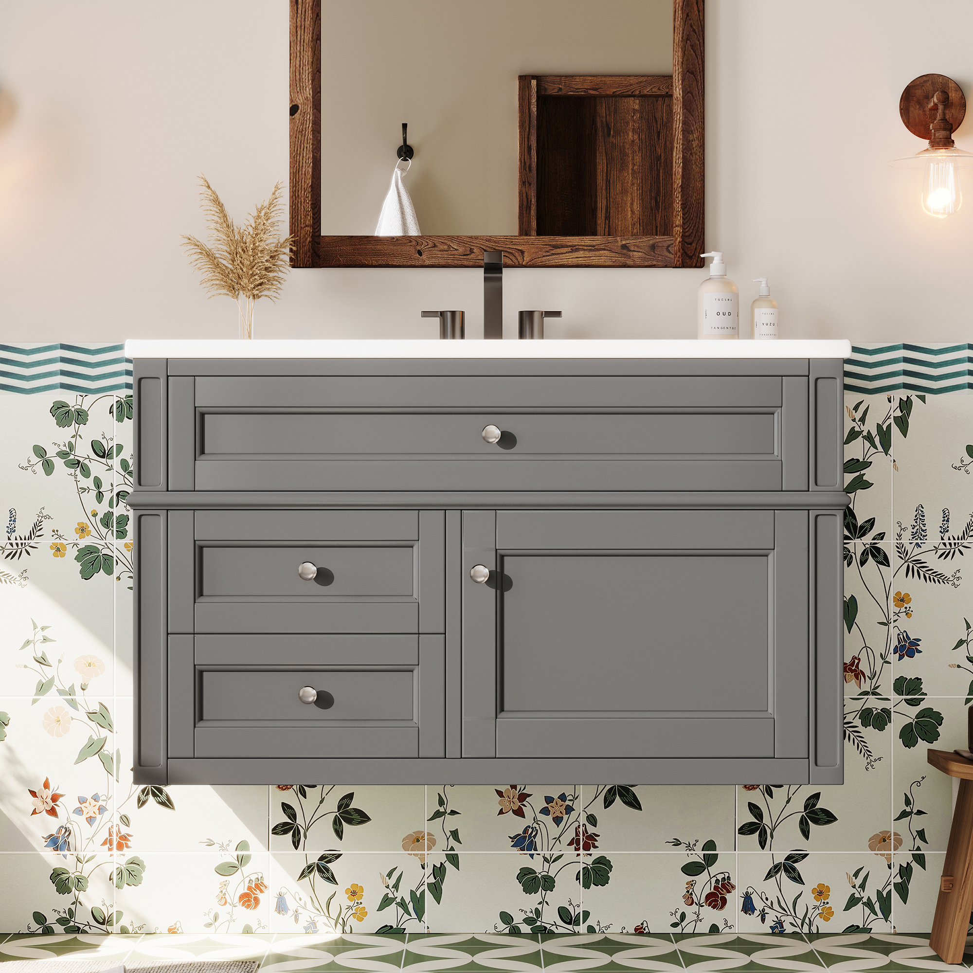 36'' Wall Mounted Bathroom Vanity, Floating Bathroom Storage Cabinet with 2 Drawers, 1 Tip-out Drawer, 3 Holes Single Ceramic Sink, Modern Cabinet.