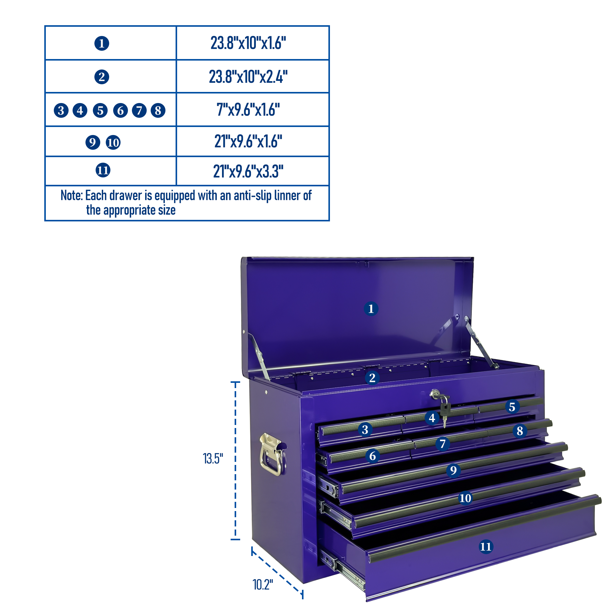 Heavy Duty Metal Tool Box, 24-inch, Portable Metal Tool Box with 9 Drawers, Small Tool Chest with EVA Liners, Ball Bearing Slide Drawers Locking & Powder Coated Finish, Multi-Function Tool Organizer — foto 11