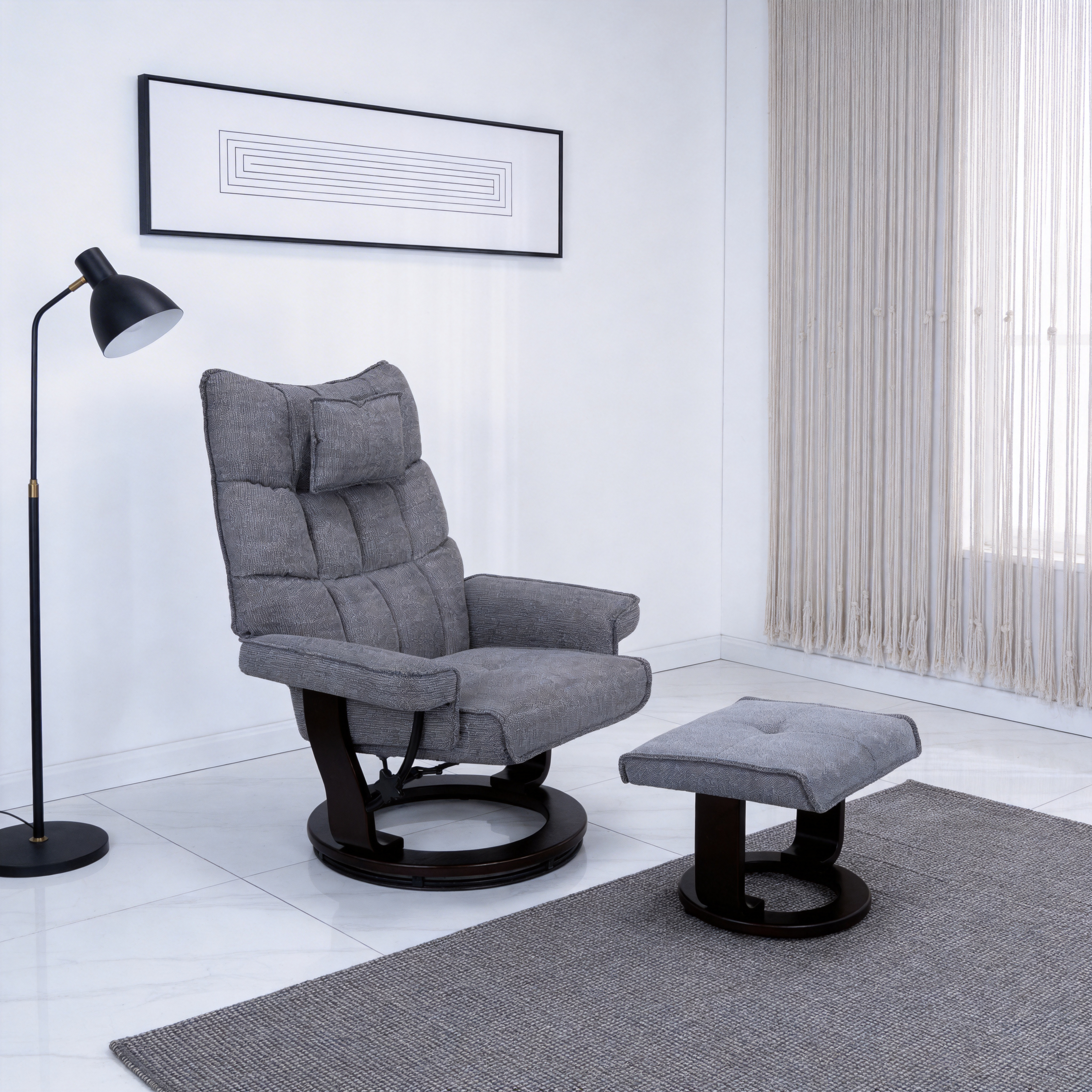 8-Point Massage Recliner with Ottoman, Heated Chenille Fabric Reclining Chair, Bent Wood Base, Indoor Lounge TV Chair with Footrest for Living Room and Bedroom, Grey product image