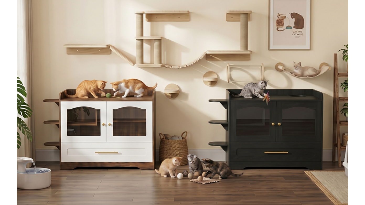 Cat Litter Box Enclosure Furniture, Dog Proof Hidden Litter Box Cabinet with Acrylic Door, Extra Long Runway & Drawer, Cat Play Area for Indoor Cats detail photo 4