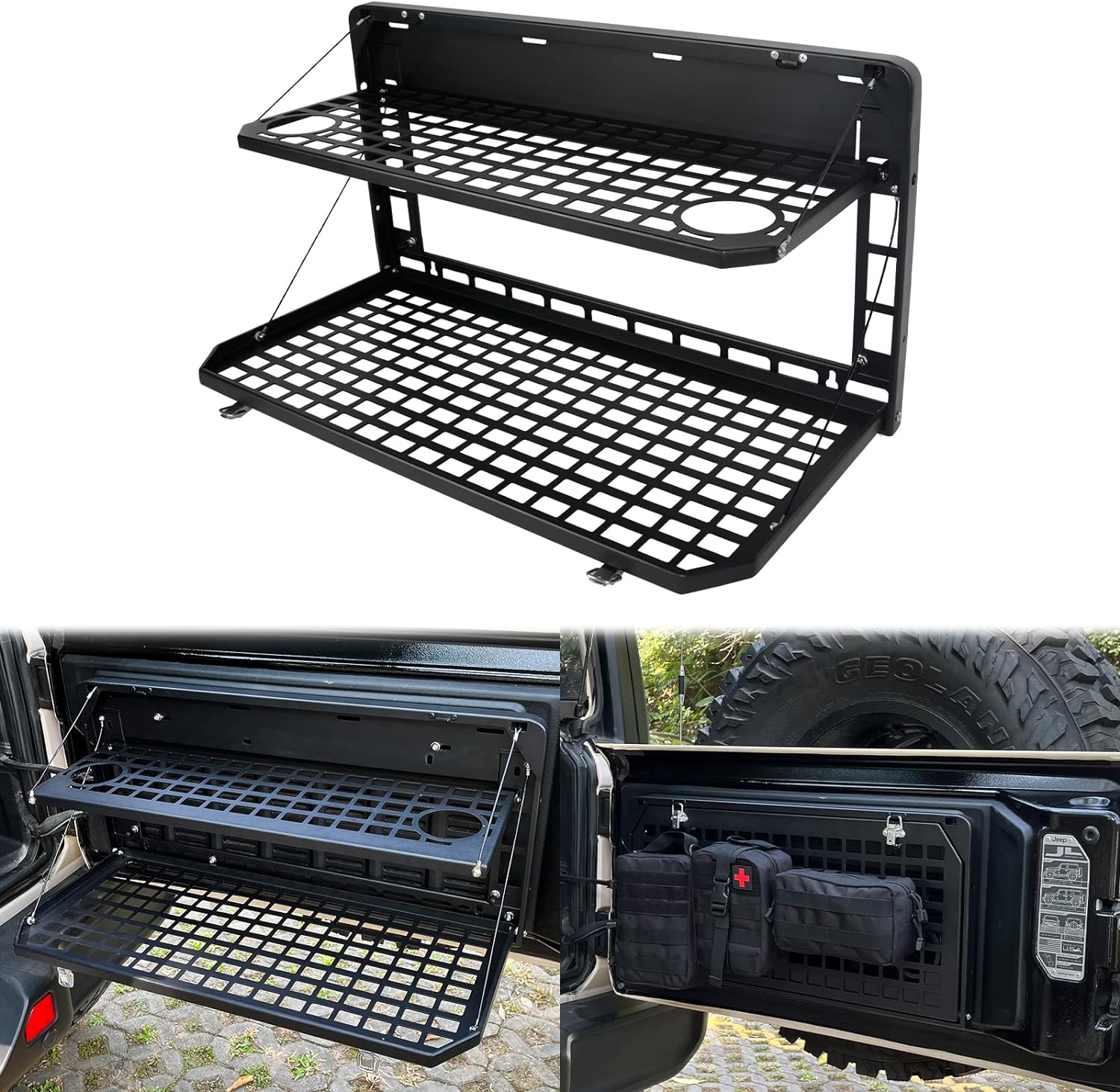2-Tier Tailgate Table Rear Foldable Storage Cargo Rack Outdoor Camping Desk for 2007-2026 Jeep Wrangler JK&JL 4 Door (Not Fit JK Models with Stock Subwoofer) — foto 7