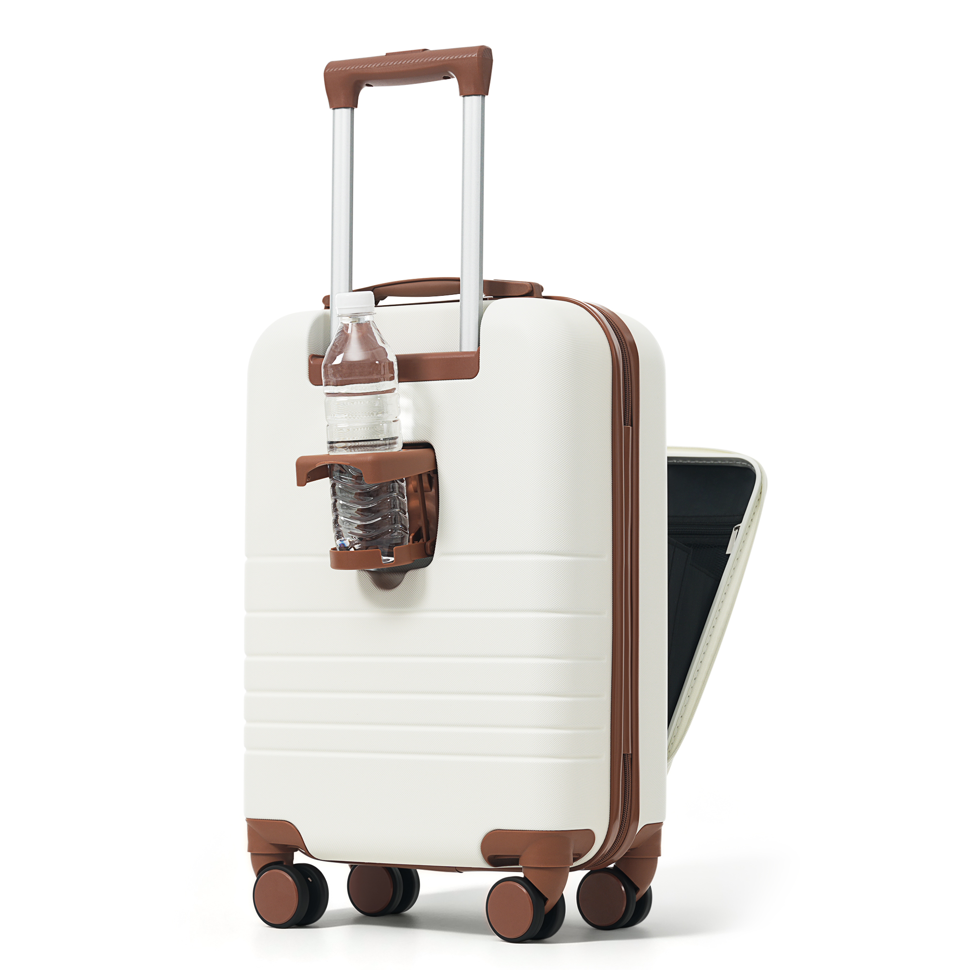 Front Opening 20-Inch Carry-On Luggage with Expandable Travel Bag Set, ABS Hard Shell Two-piece suitcase set with USB Port , Cup Holder, ivory and brown 3