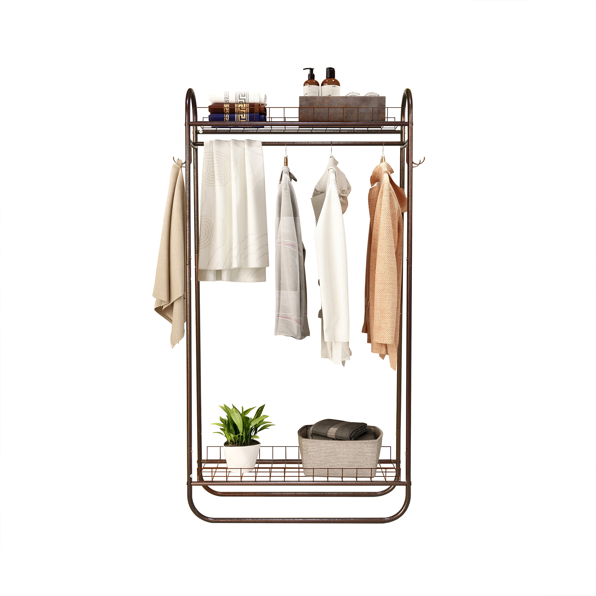 Garment Rack Freestanding Heavy Duty Clothing Rack, Metal Rolling Clothes Rack with Double Shelves, Portable Wardrobe Rack for Hanging Clothes