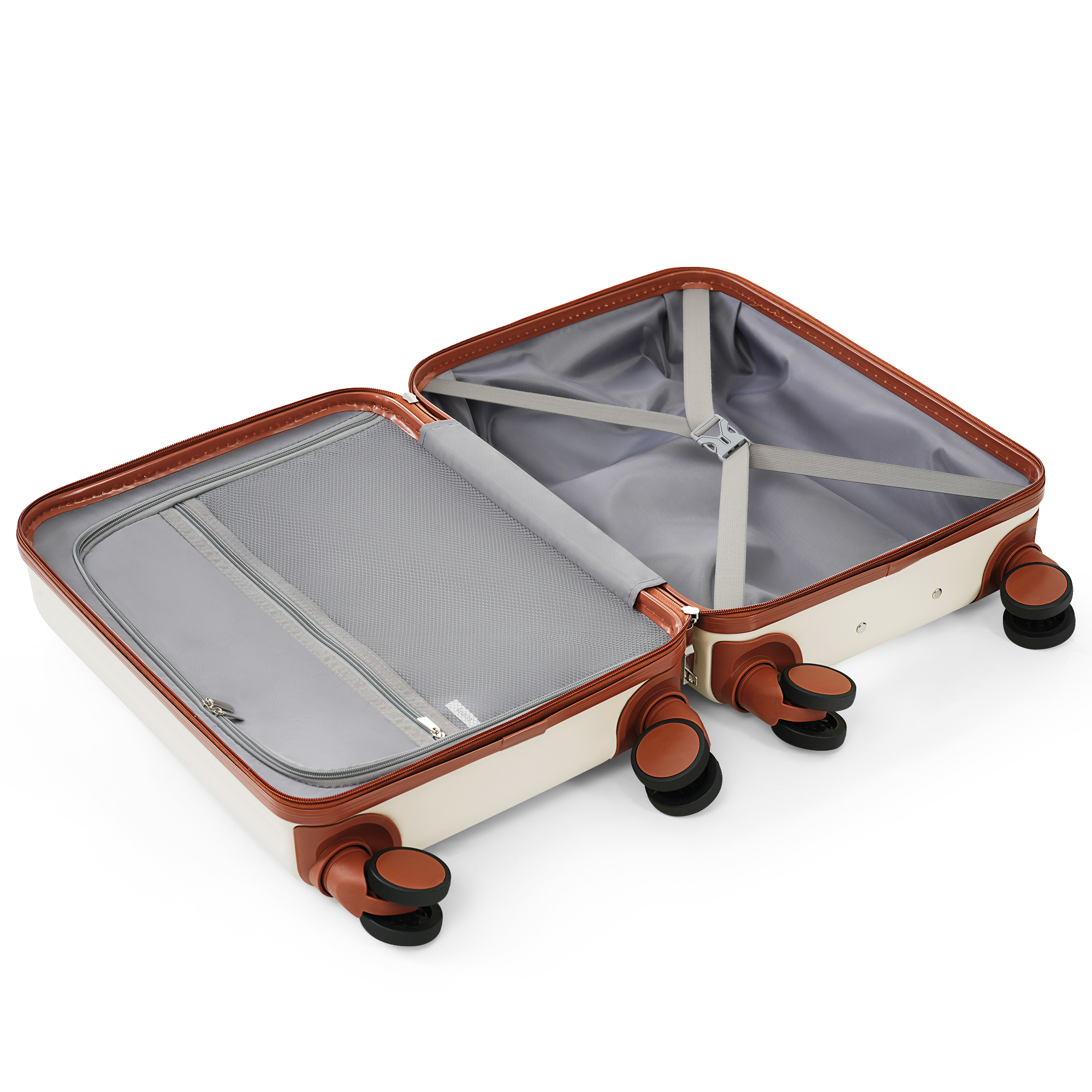 Luggage Set of 3, 20, 24,  28inch with USB Port,  20, 24inch with front opening design Airline Certified Carry on Luggage with Cup Holder, ABS Hard Shell Luggage with Spinner Wheels, ivory and brown — foto 4