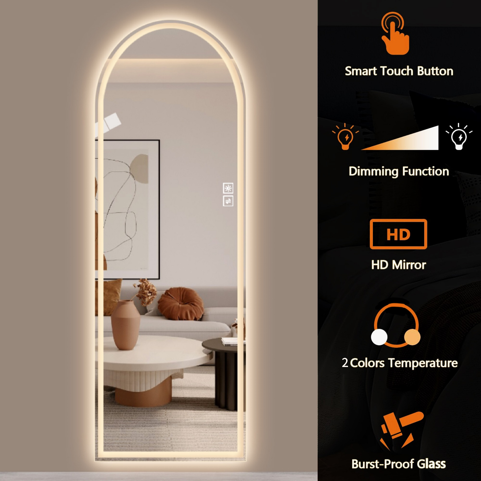 65" x 21"  Arch LED Bathroom Mirror - Dimmable Wall Mount Vanity Mirror with Anti-Fog, Shatterproof Glass, Tri-Color Lighting for Makeup Studio & Home Gym — foto 3