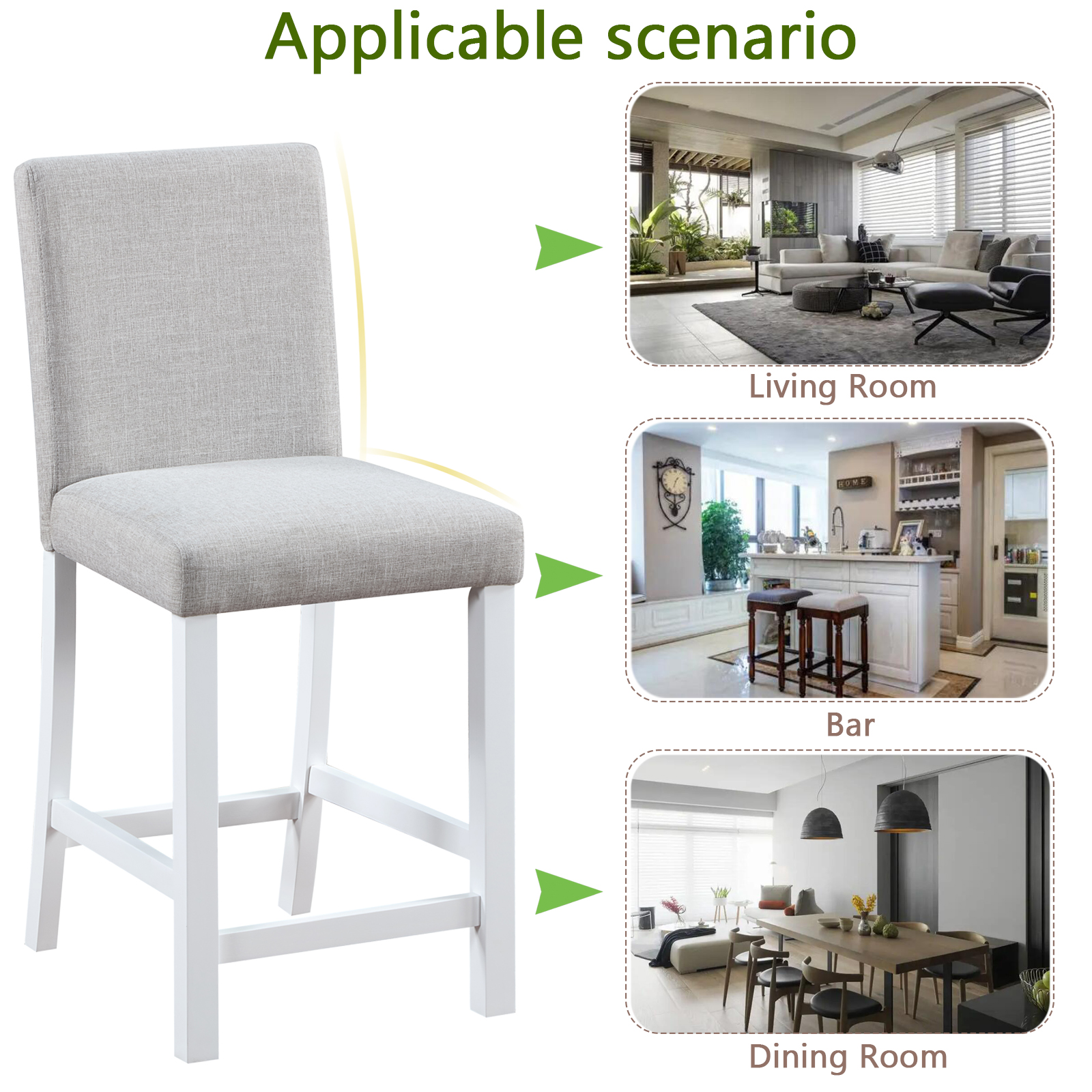 Counter Height Chairs set for 4, Kitchen Chair with Padded Seat, Counter Height Barstool for Dining Room, White & Gray 9
