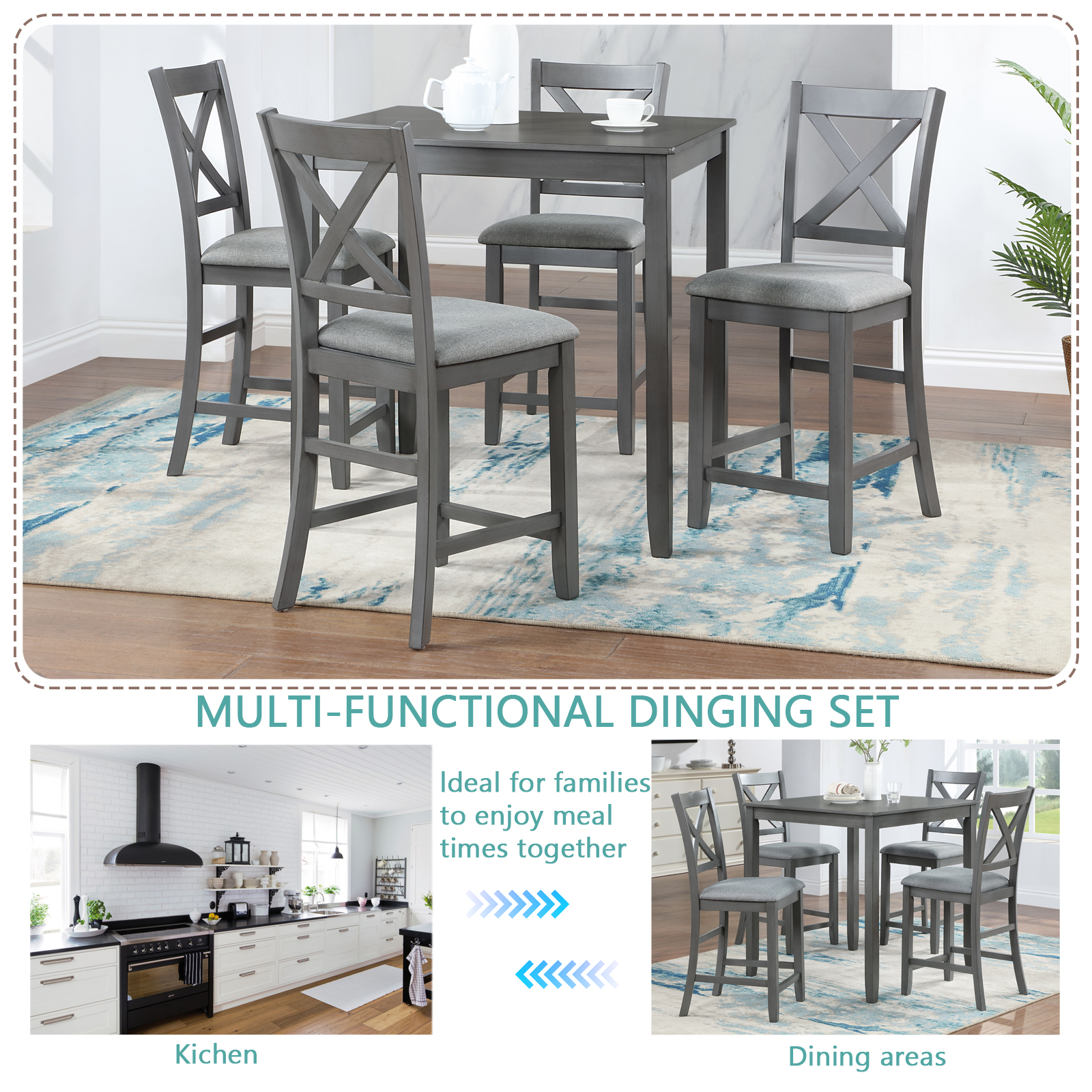 5 Piece Dining Table Set, Wooden Dining Square Table Set for 4, Counter Height Kitchen Table Set with Square Table and 4 Upholstered Chairs for Small Space, Gray — foto 7