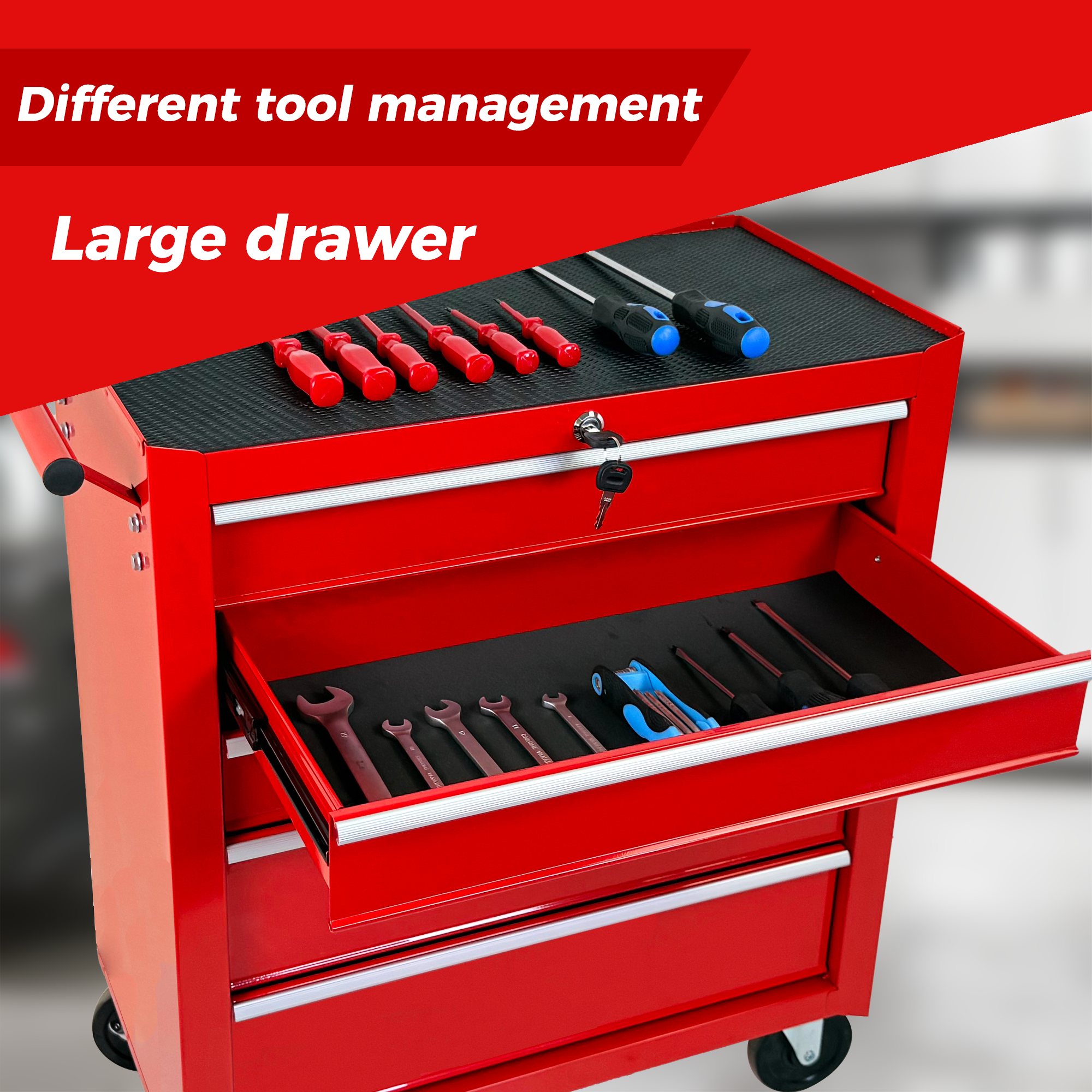 5-Drawer Rolling Tool Chest w/Lock & Key, Tool Storage Cabinet with Wheels, Top Cushion & Drawer Liners, Tool Organizer Box for Garage, Warehouse & Repair Shop-RED — foto 3