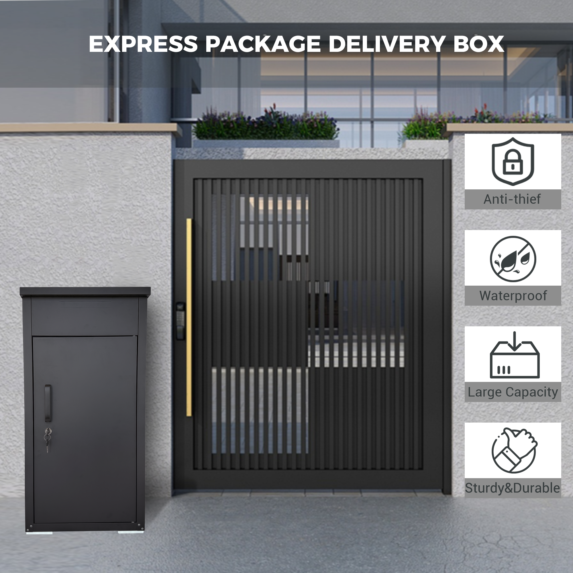 Package Delivery Box for Outside,  Cold-Rolled Steel Delivery Box for Packages & Mails, Anti-Theft Lockable Large Mailbox for Porch, House, Curbside, Black — foto 13