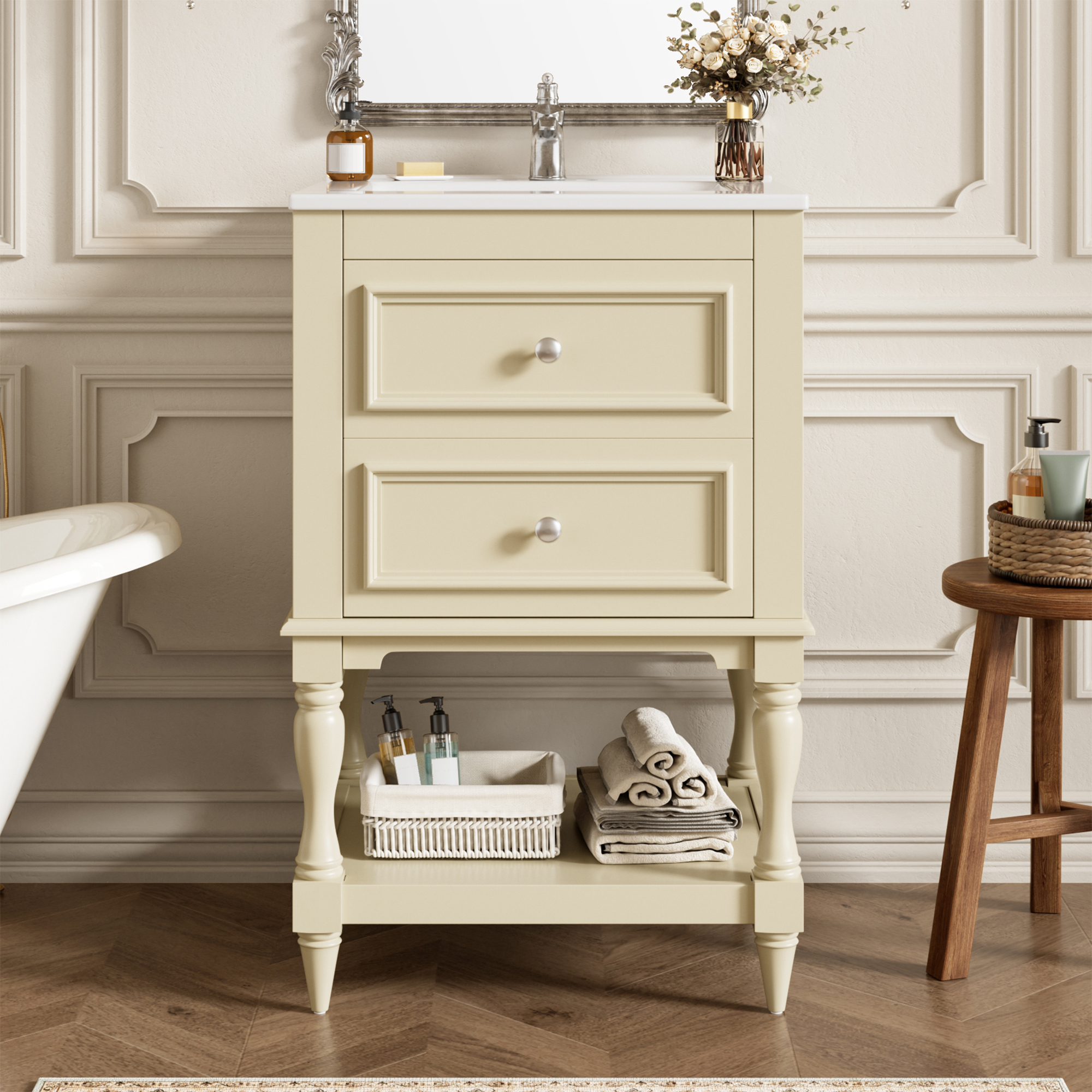 20'' Bathroom Vanity with Ceramic Sink, Bathroom Storage Cabinet with Open Shelf , Retro Design Bathroom Cabinet with 2 Drawers