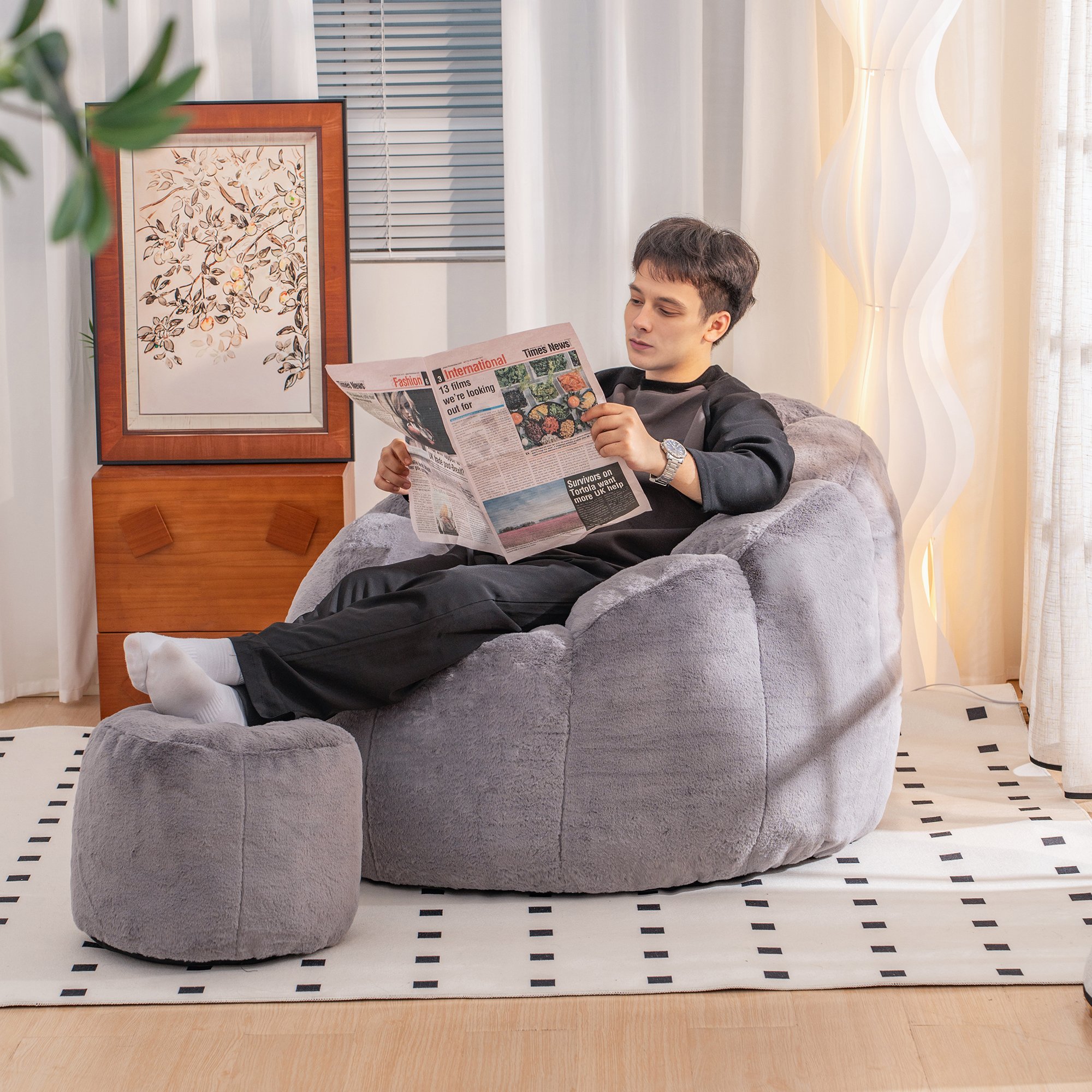 Giant Bean Bag Chair, Oversized Bean Bag Couch for Adults and Kids, Faux Fur Shell-Shaped Large Bean Bag Chair with Filler, Stuffed Big Accent Sofa Chair Floor Sofa for Gaming, Reading 8