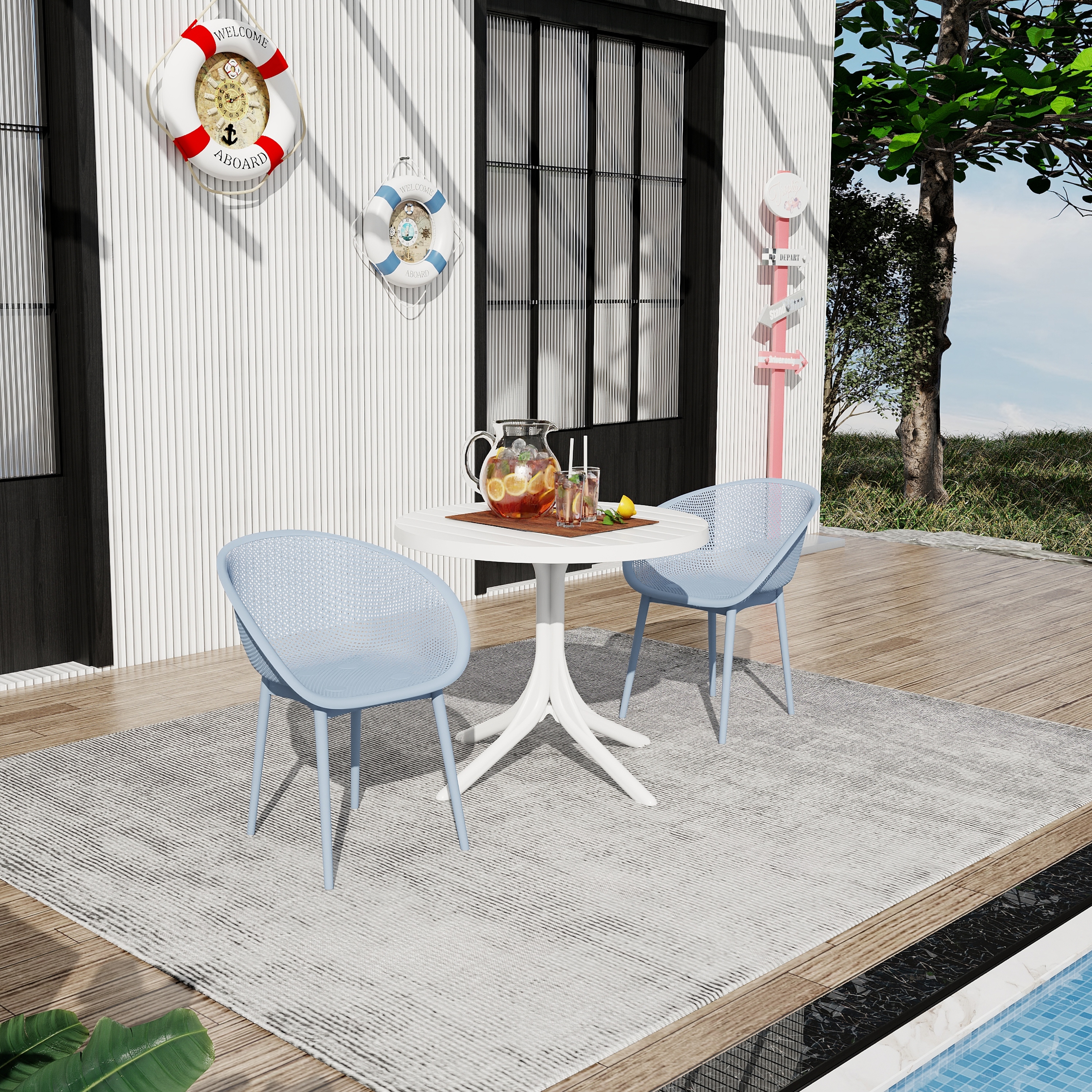 Summer - 2-Pack Light Blue Modern Lounge Chairs – Indoor/Outdoor All-Weather PP Plastic with 36 Inch Indoor/Outdoor Modern White Round PP Table