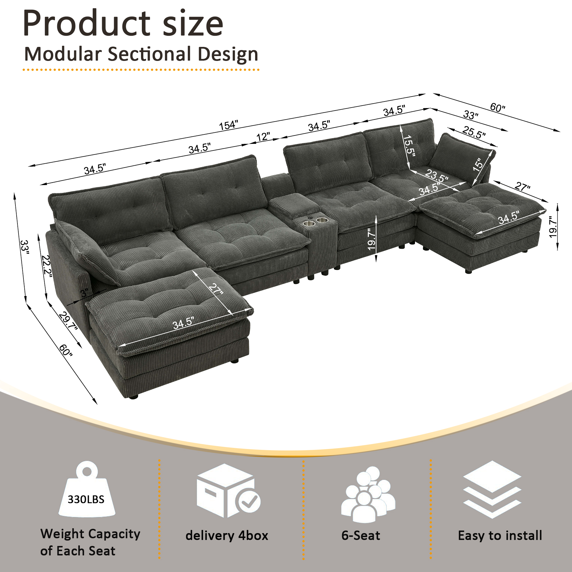 154" Sectional Cloud Sofa Couch with Ottomans, Modular U Shaped Couches for Living Room, Comfy Corduroy Oversized Sectional Modern 6 Seat Deep Seat Sofa Set with Central Console USB Port, Grey — foto 4