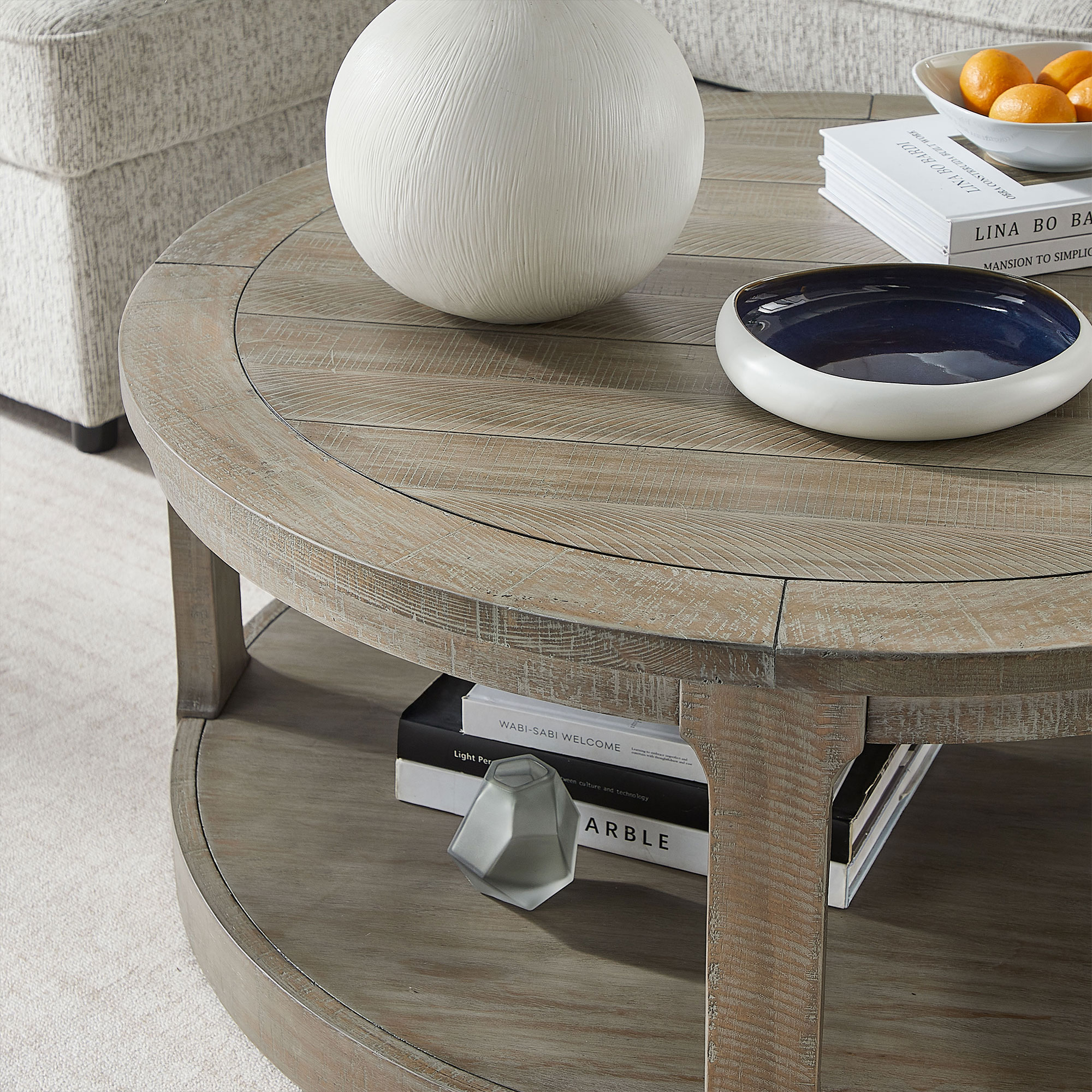 40inch Large Curved 2 Tier Traditional Round Circle Wooden Center Coffee Table,Rounded Table with Wheels,Mid Century Rustic Style Table for living Room,Office,Apartment,Light Brown