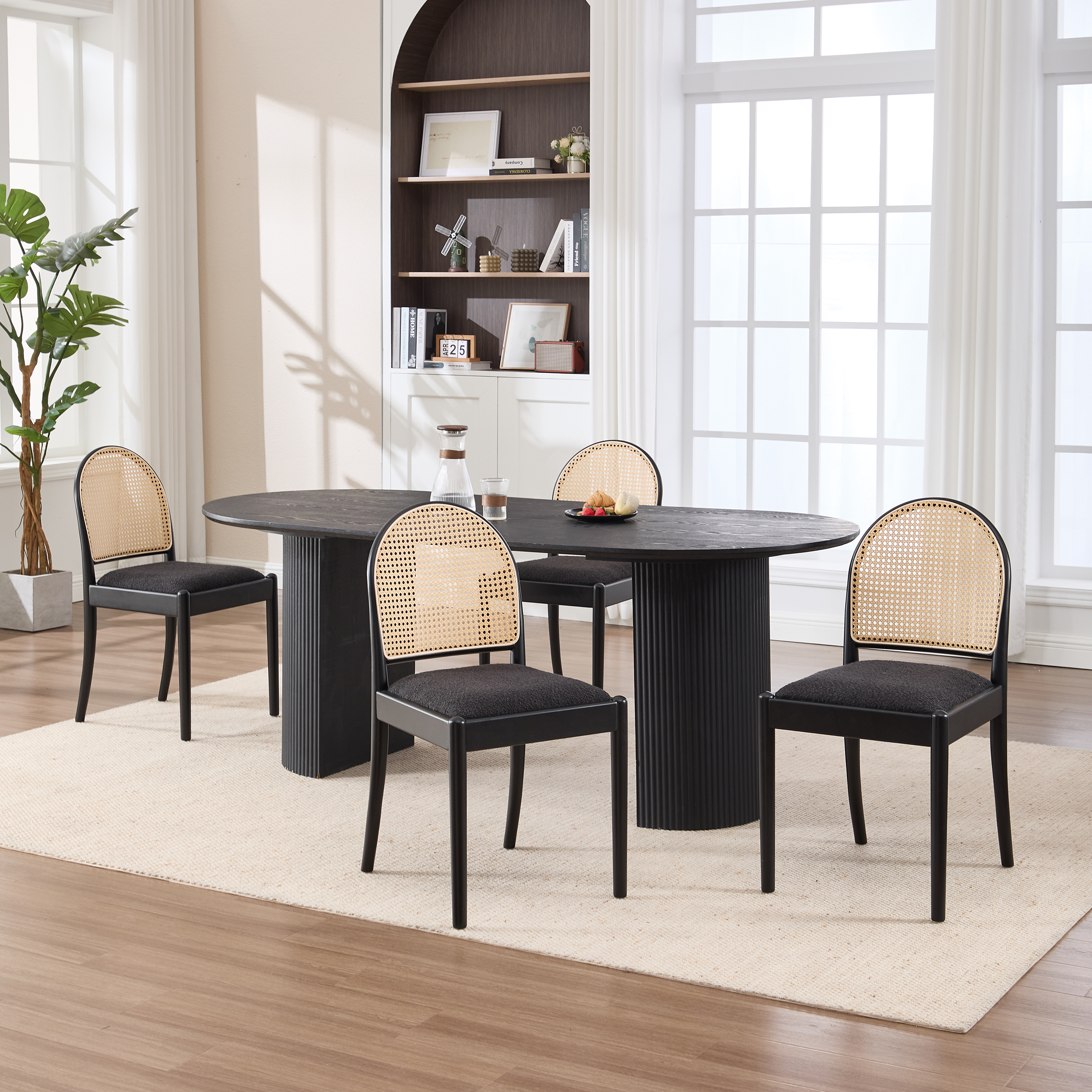 Rattan Dining Chairs Set of 2, Upholstered Linen Dining Room Chairs with Backrests, Modern Kitchen Chairs with Wood Legs for Dining Room, Black — foto 7