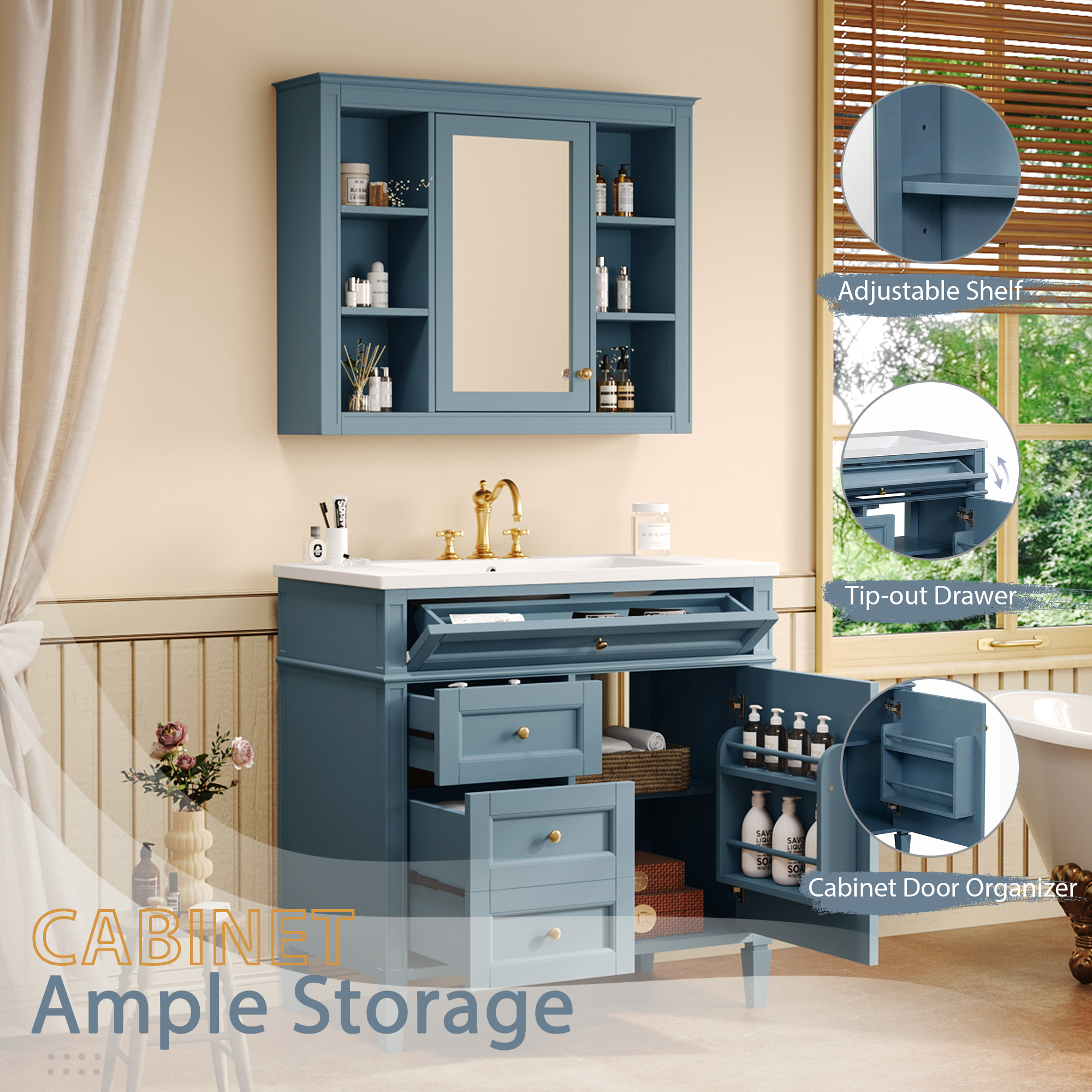 36'' Bathroom Vanity with Medicine Cabinet, Modern Bathroom Storage Cabinet with 2 Soft Closing Doors, Single Sink Bathroom Vanity