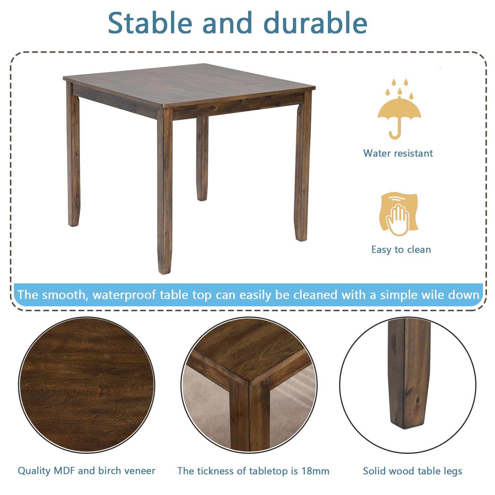 Wooden Dining Square Table, Kitchen Table for Small Space, 4 Person Dining Table, Walnut ONLY THE TABLE 4