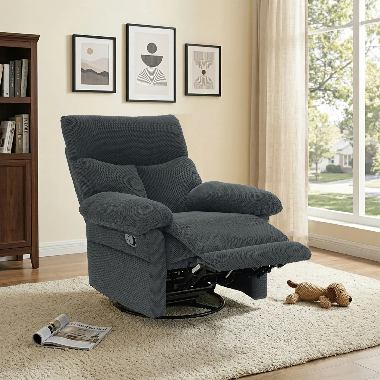 Modern Swivel Rocker Recliner Chair, Manual Overstuffed
