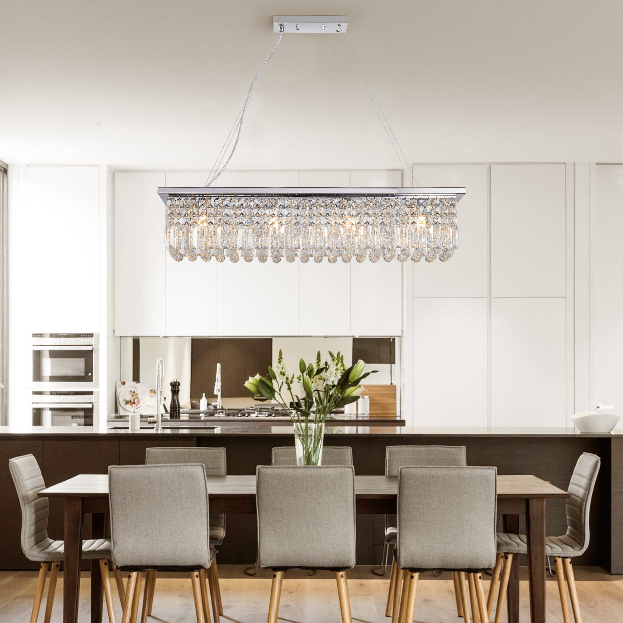 Modern Crystal Chandelier for Dining Room 8-Light White Rectangle Raindrop Chandelier Contemporary Rectangular Pendant Light Fixture for Kitchen Island Bar L39.4'' x W9.8'' x H8.7'(Bulb Not Included) — foto 5