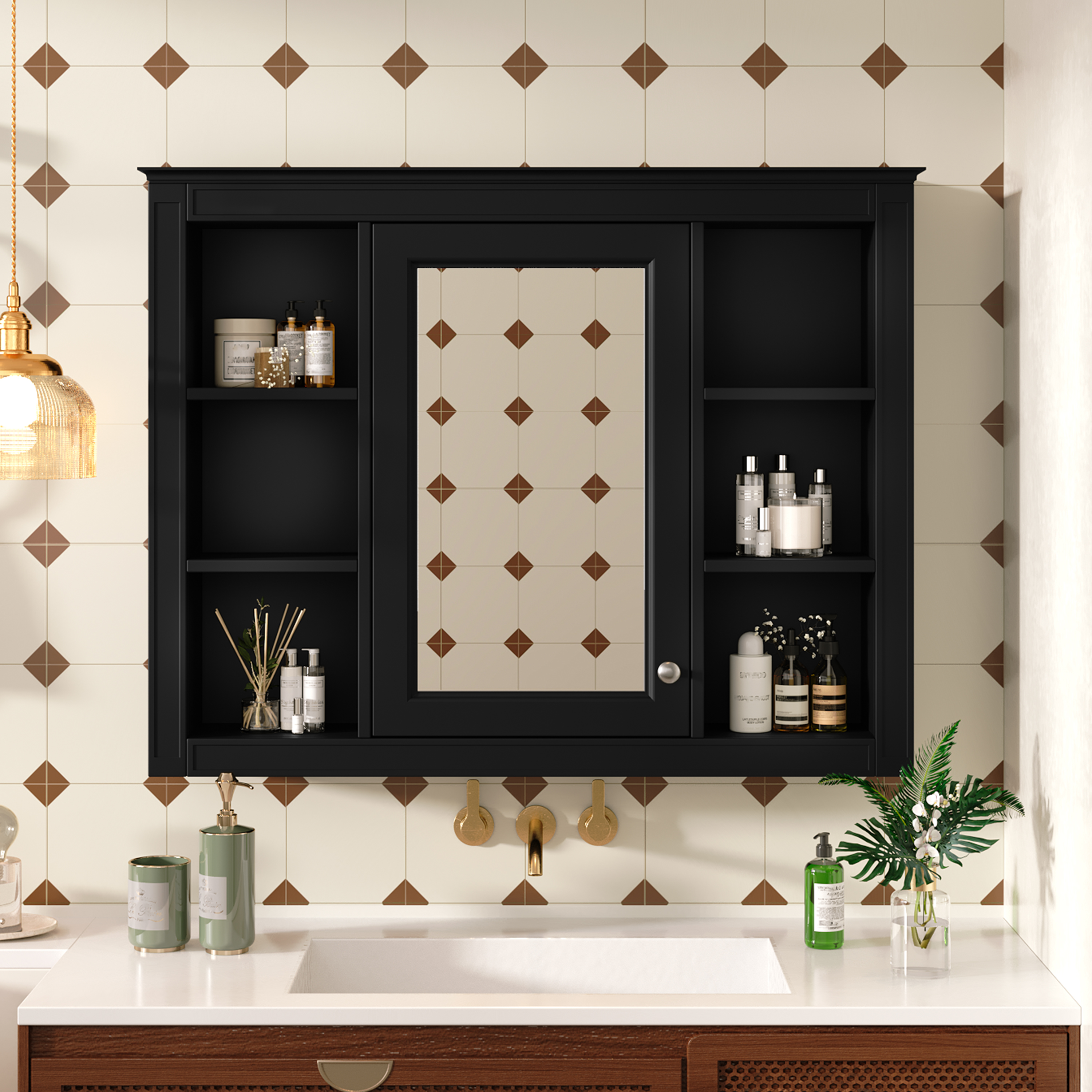 35'' x 28'' Medicine Cabinet, Wall Mounted Bathroom Storage Cabinet, Modern Bathroom Wall Cabinet with Mirror, Mirror Cabinet with 6 Open Shelves (Not Include Bathroom Vanity )