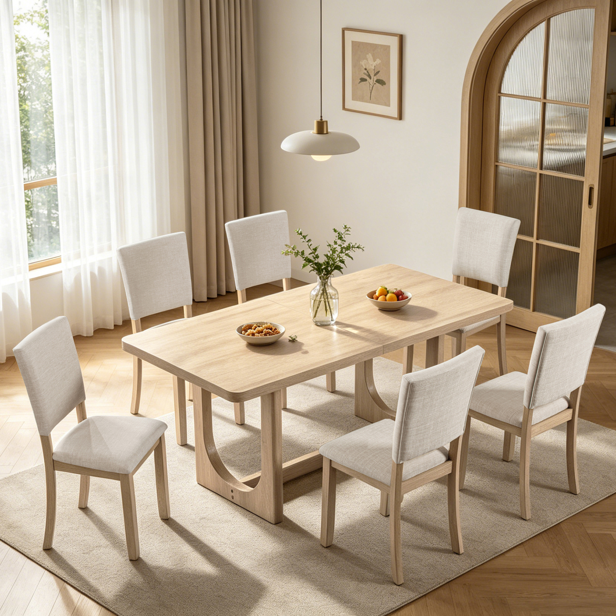 7-Piece Dining Table Set for 6, 68 Inch Rectangular Kitchen Table with 6 Upholstered Chairs, Natural Wood Dining Room Furniture Set with Sturdy U-Shaped Frame for Family, Apartment, Dining Room — foto 5