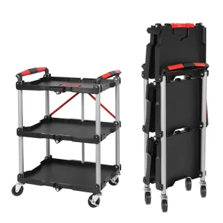 Foldable Utility Service Cart,  3 Shelf Heavy Duty Plastic Rolling Cart with 360° Swivel Wheels (2 with Brakes), Ergonomic Handle, Portable Garage Tool Cart for Warehouse Office Ho
