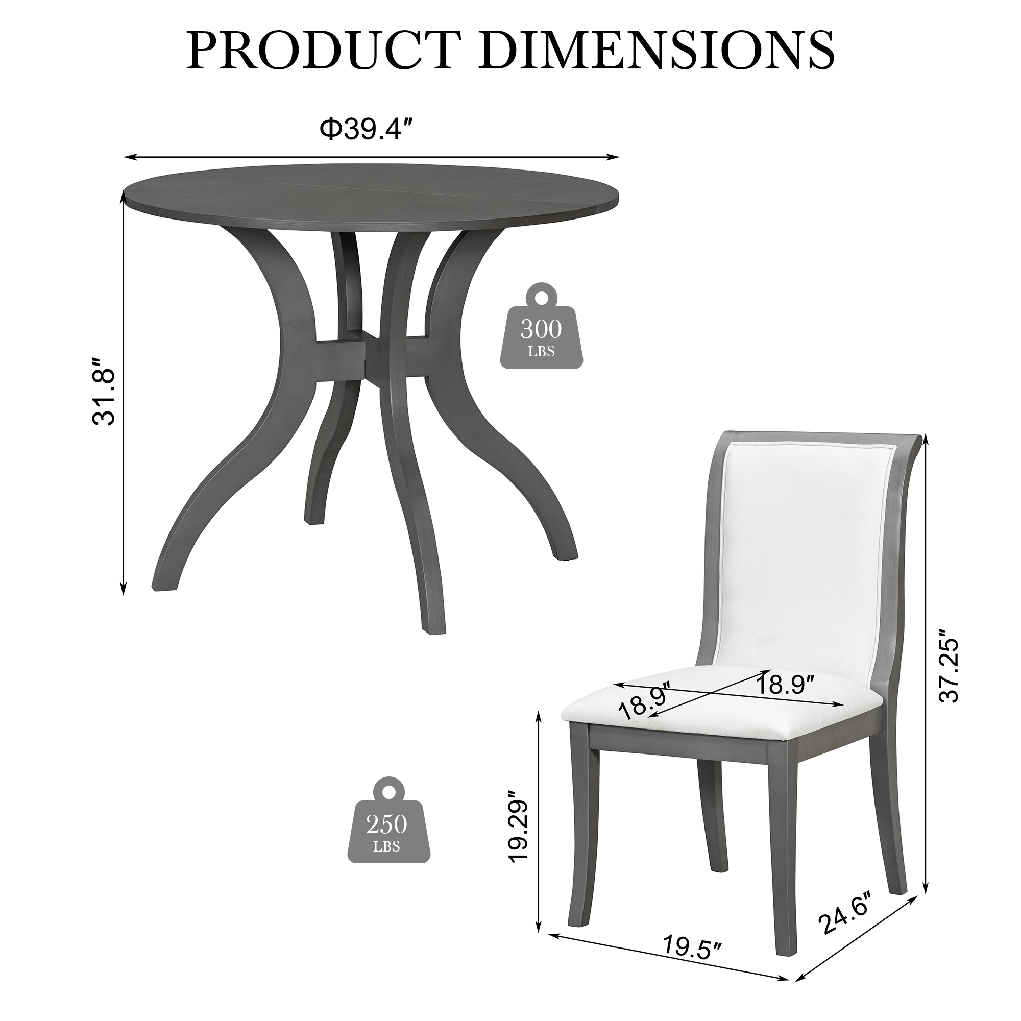 Oak Gray Dining Table Set:39.4" Round Table + 2 Chairs - Traditional Solid Wood Kitchen Set with Inlaid Tabletop, Elegant Curved Legs for Dining Room — foto 7