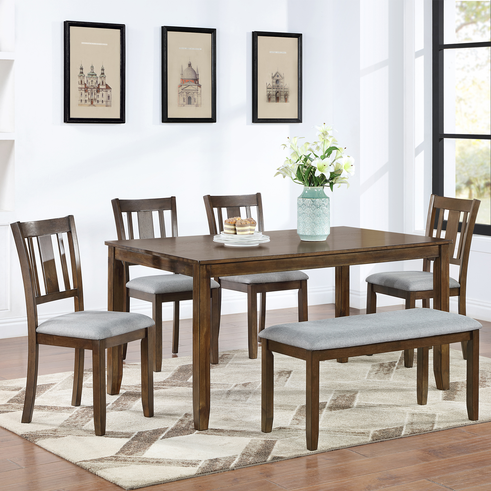 Six Piece Walnut Dining Table Set