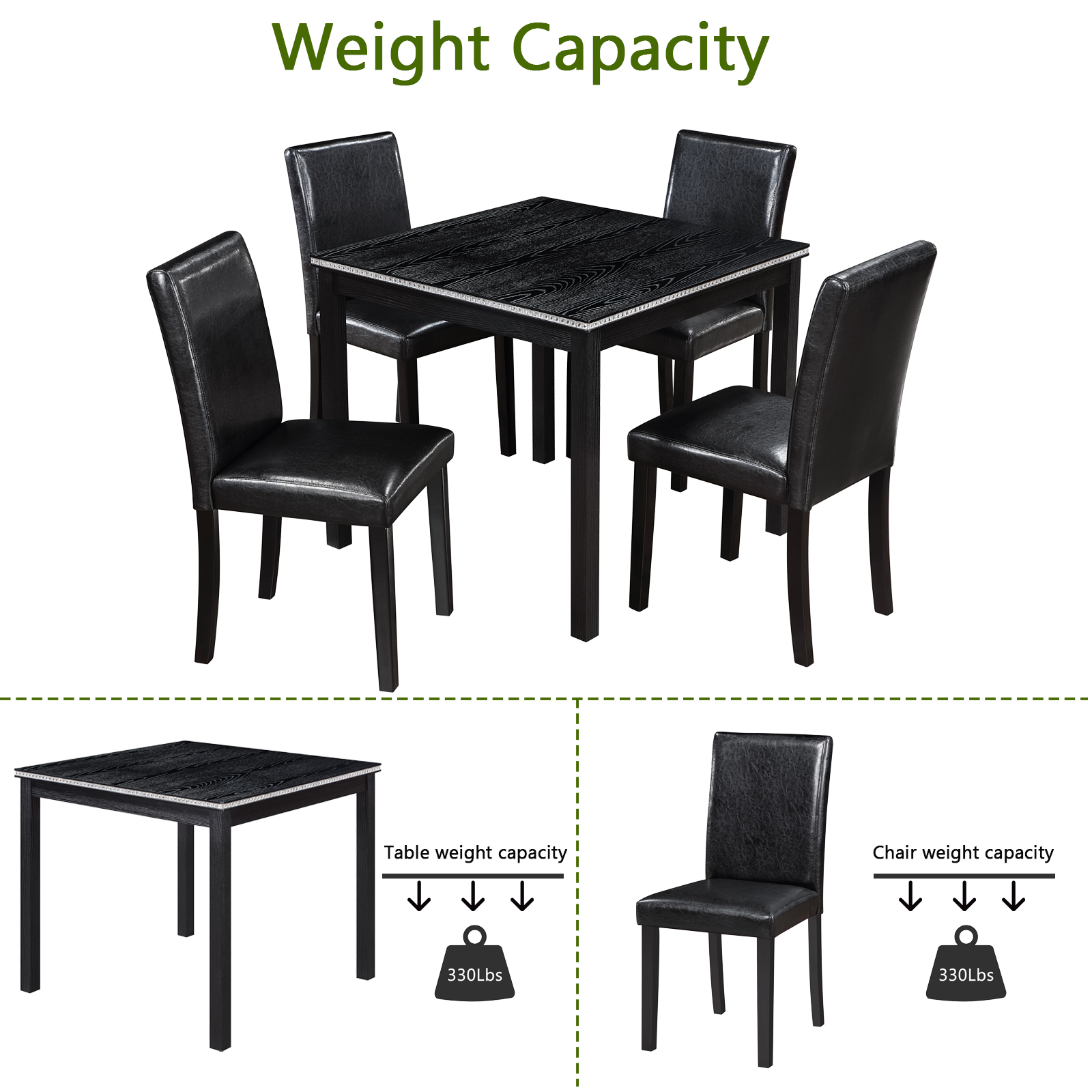 5 Piece Wooden Dining Table Set, Kitchen Table Set with a Square Table and 4 Upholstered Chairs, Wooden Dining Room Table with Crystal Decoration and Chairs Set for Kitchen, Dining Room, Black — foto 2