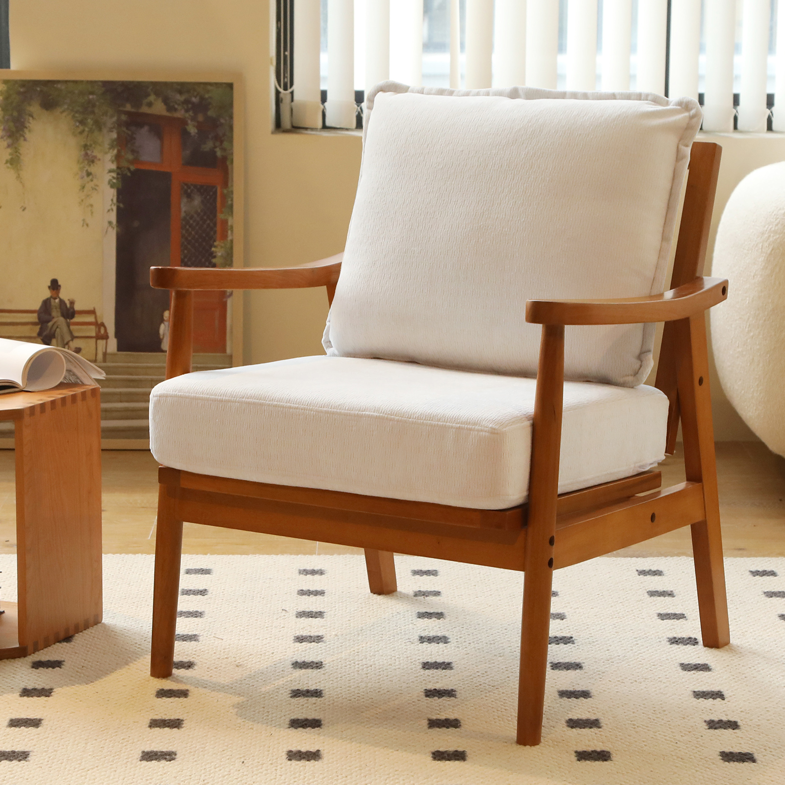 Cute Accent Chair with Solid Wood Frame, Living Room Chair with Soft Fabric Cushion, Cozy Bedroom Chair, Comfy Armchair Reading Chair for Apartment, Waiting Room, Balcony (White) — foto 3
