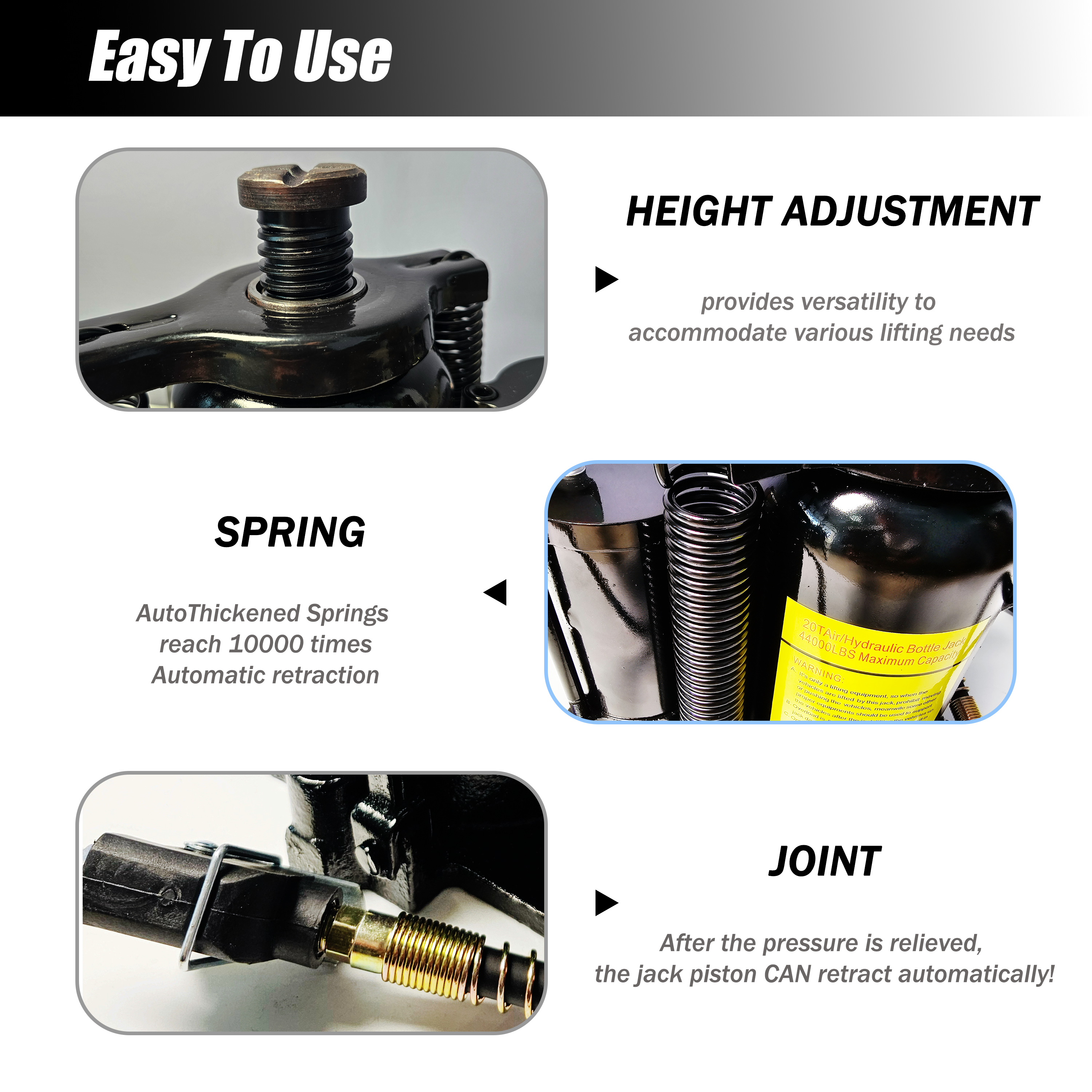 Air Hydraulic Bottle Jack, 20 Ton/40000 LBS Bottle Jack, 10.23-20.07 inch Lifting Range, Manual Handle and Air Pump, for Car, Pickup, Truck, RV, Auto Repair, Industrial Engineering — foto 8
