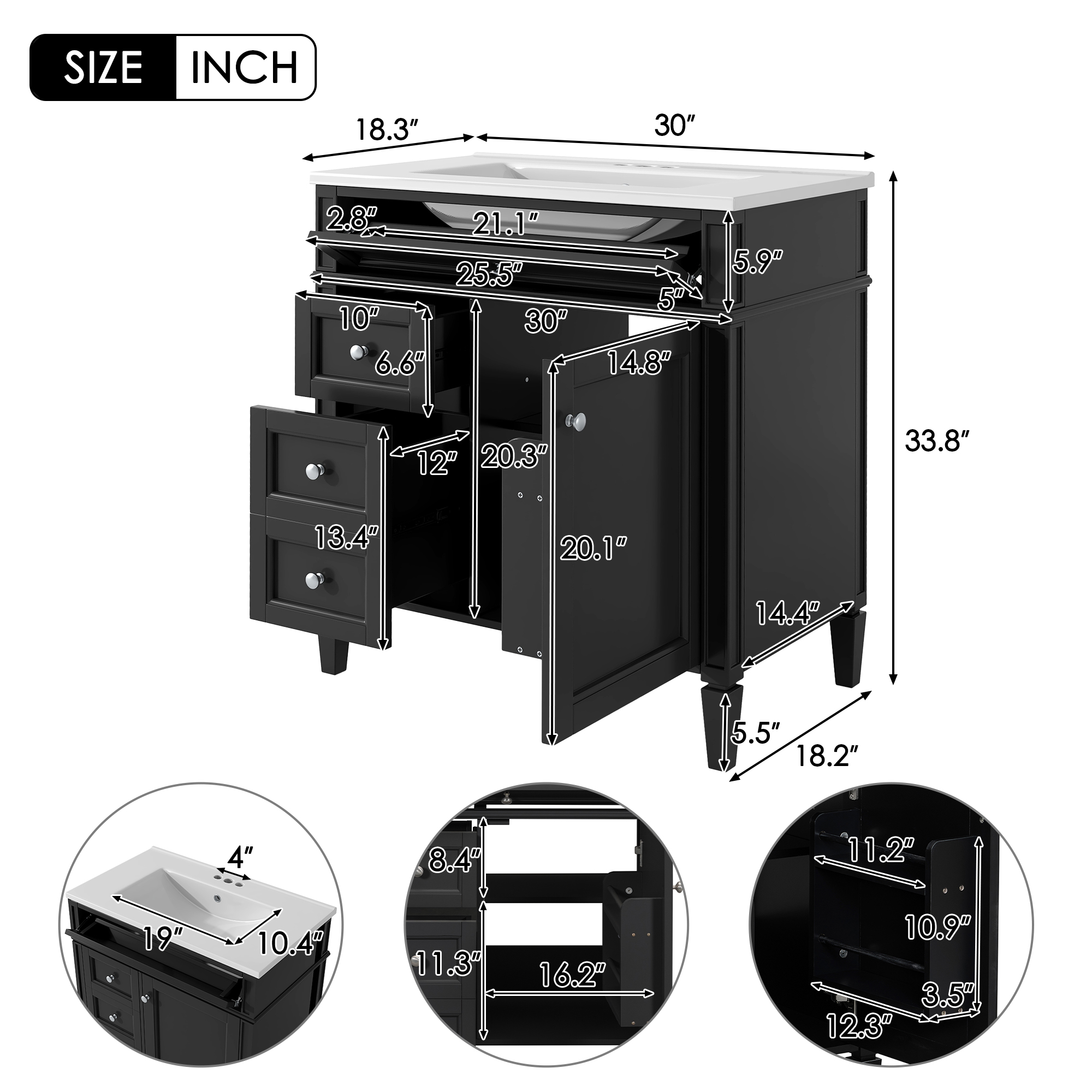 30'' Bathroom Vanity with Top Sink, Modern Bathroom Storage Cabinet with 2 Drawers and a Tip-out Drawer, Single Sink Bathroom Vanity — foto 8