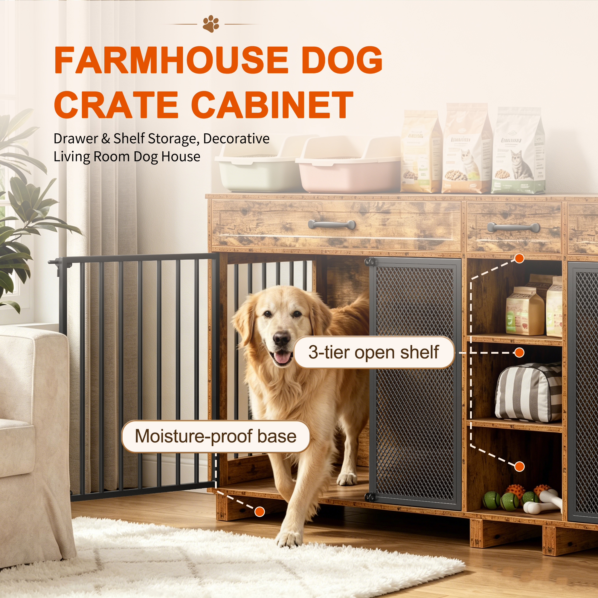 Large Wooden Dog Crate Furniture, Multi-Functional Pet Cage Cabinet with Storage — foto 5