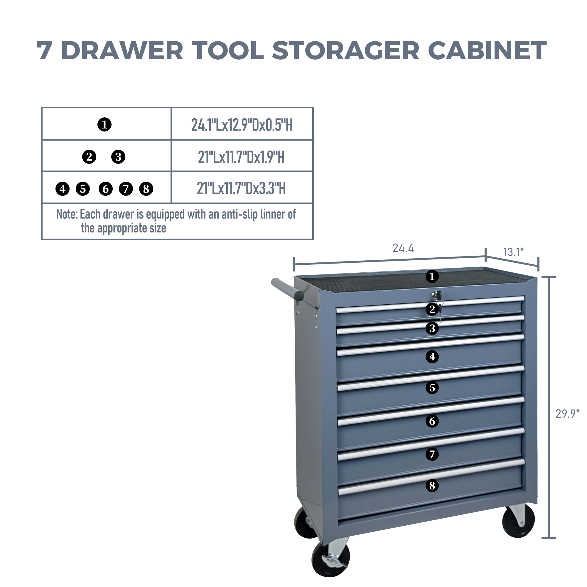 Rolling Tool Chest with 7-Drawer Tool Box with Wheels Multifunctional Tool Cart Mechanic Tool Storage Cabinet for Garage, Warehouse, Workshop, Repair Shop -GREY — foto 14