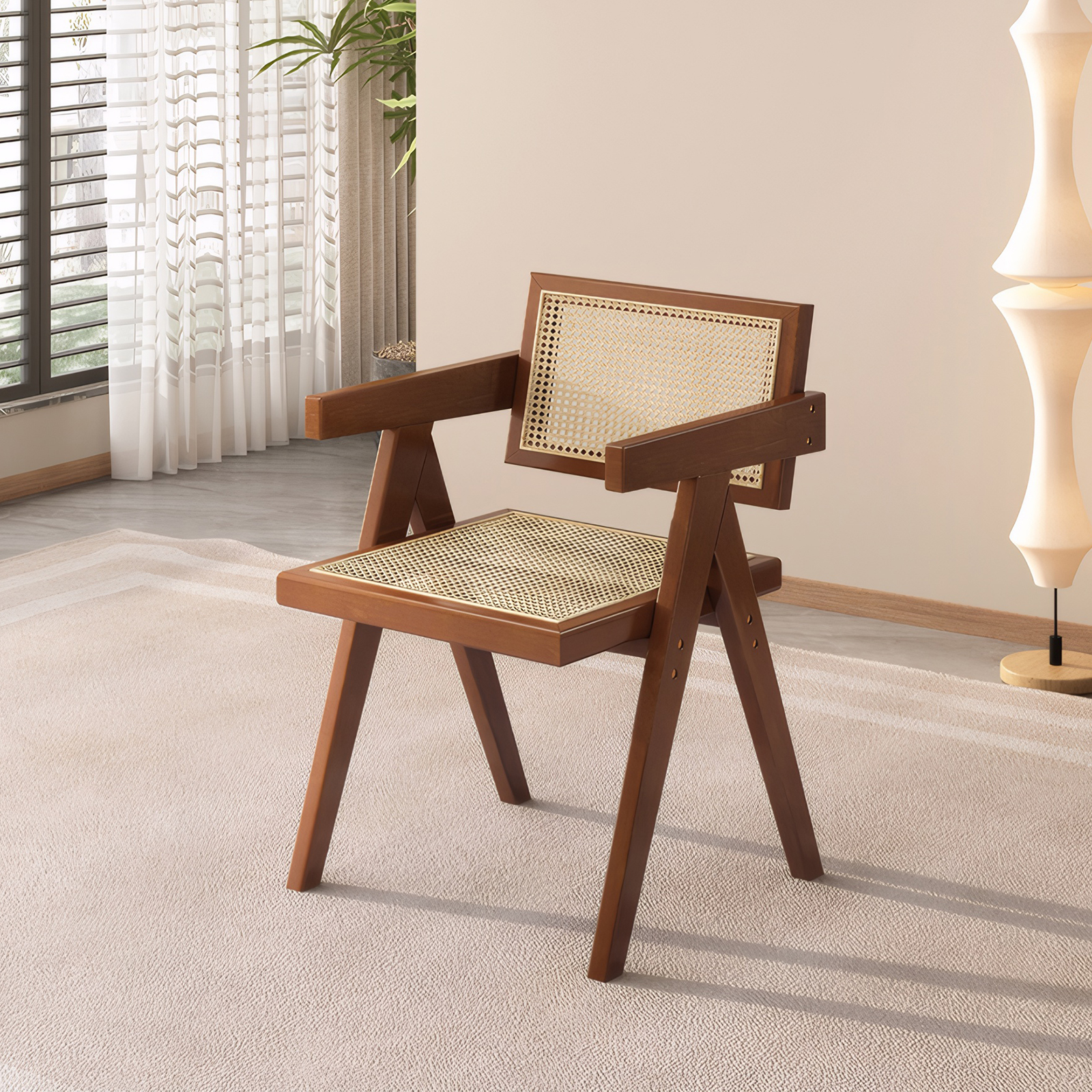 Modern Mid Century Dining Chairs Set of 2, Rattan Accent Chairs, Comfy Armchairs, Outdoor Wood Chairs with Armrest for Bedroom Living Room Reading Room Dining Kitchen, Brown — foto 7