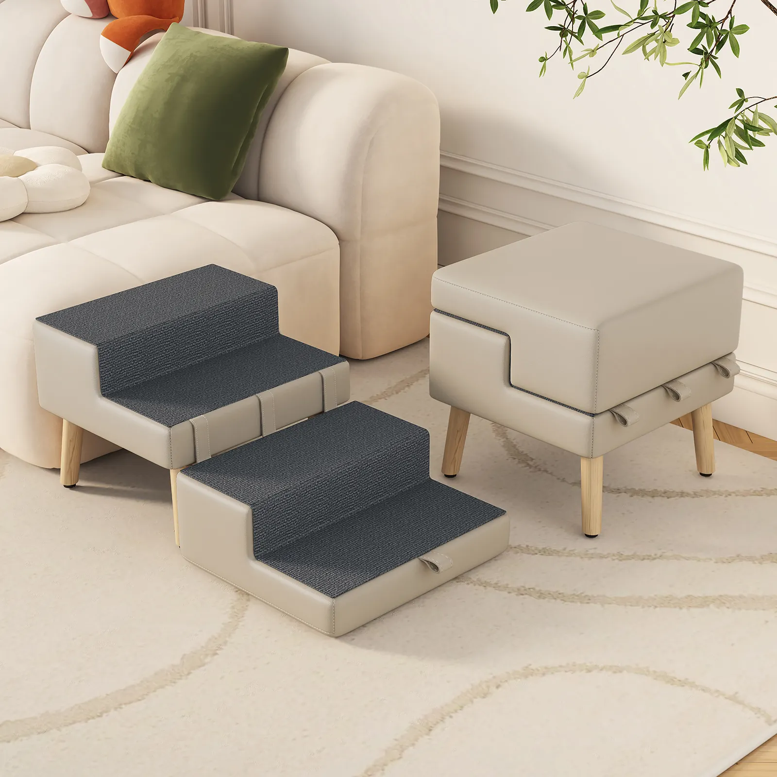 4-Step Ottoman Dog Stairs, 2-in-1 Foldable Pet