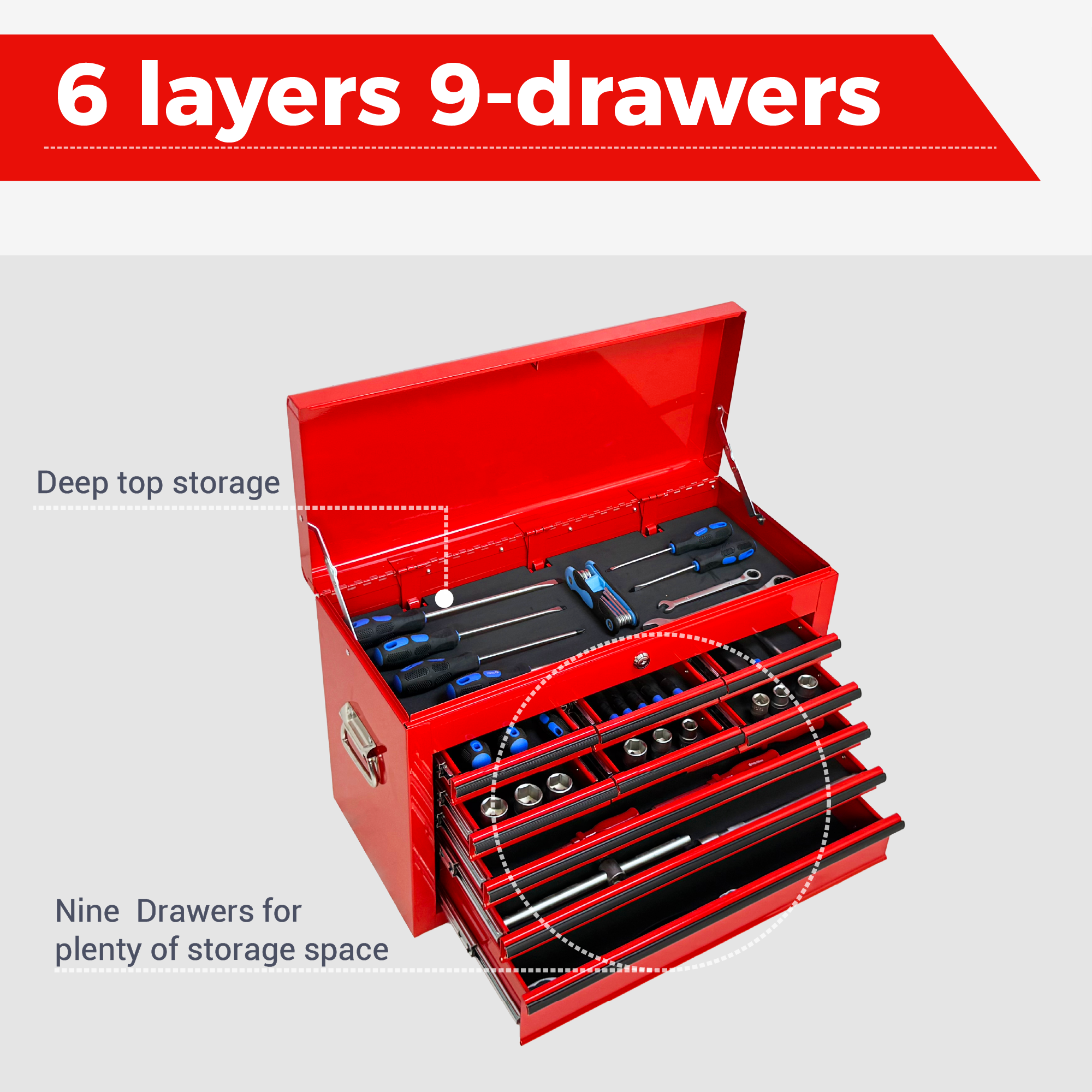 Heavy Duty Metal Tool Box, 24-inch, Portable Metal Tool Box with 9 Drawers, Small Tool Chest with EVA Liners, Ball Bearing Slide Drawers Locking & Powder Coated Finish, Multi-Function Tool Organizer — foto 9