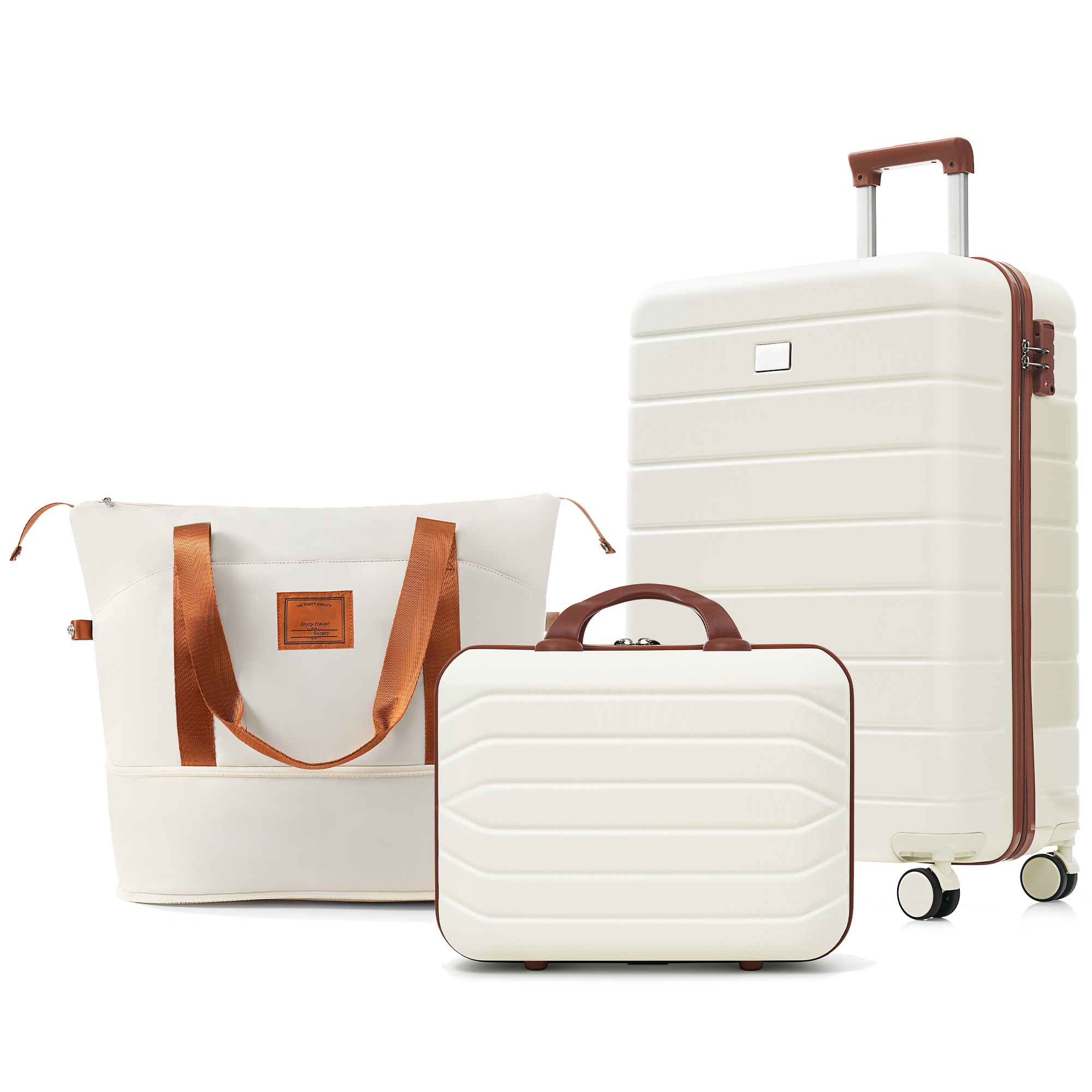 Travelpro Max 3-Piece Hardside Luggage Set with TSA Lock, 14/20 Inch Spinner Suitcase Set with Expandable Travel Duffel Bag & Waterproof Toiletry Kit, Adjustable Handle (
ivory and brown)