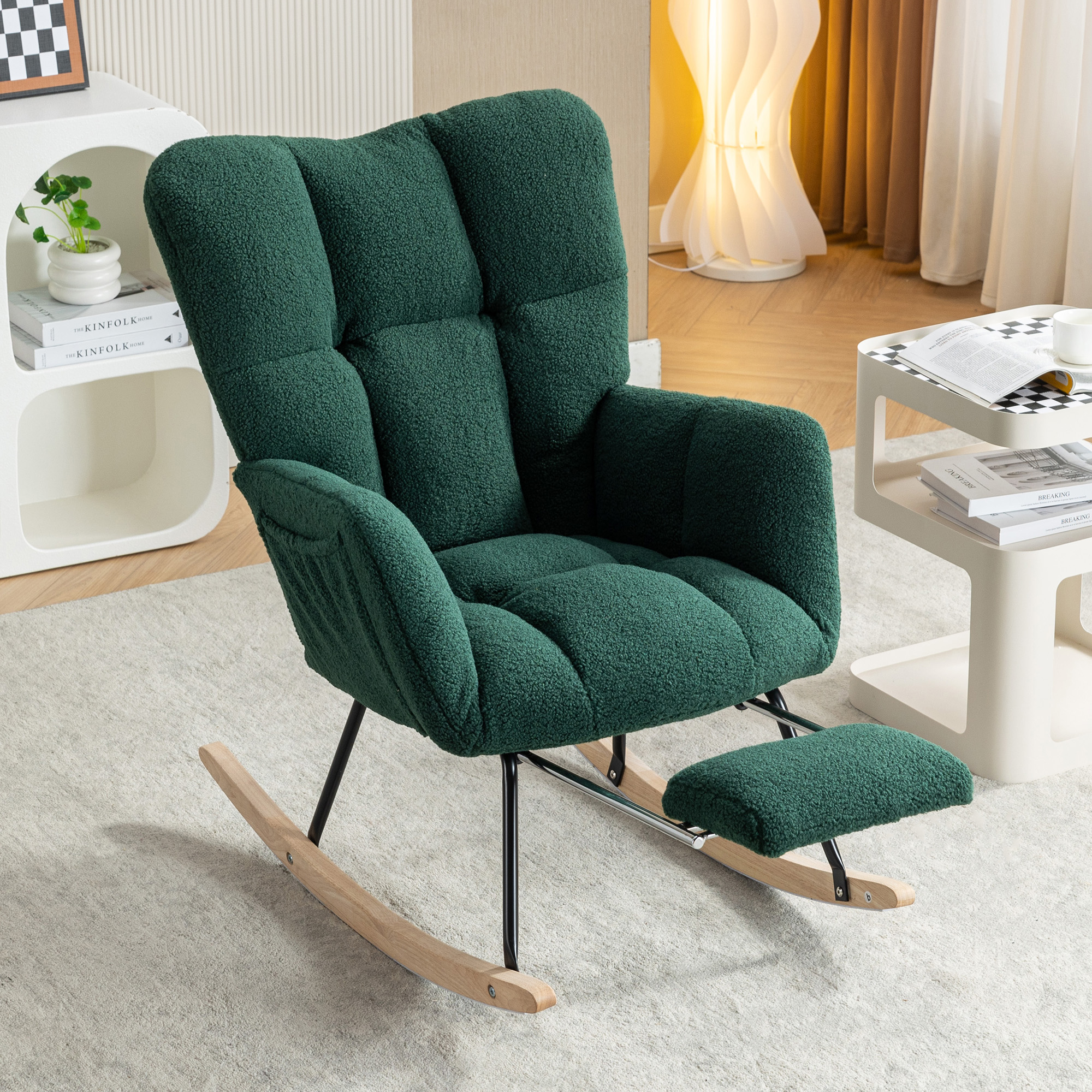 067-Teddy Fabric Leisure Rocking Chair With Adjustable Footstool,Nursery Rocking Chair, High Backrest, Storage Pocket On The Right Side,The Base Rocker Is Solid Wood And Metal,Green