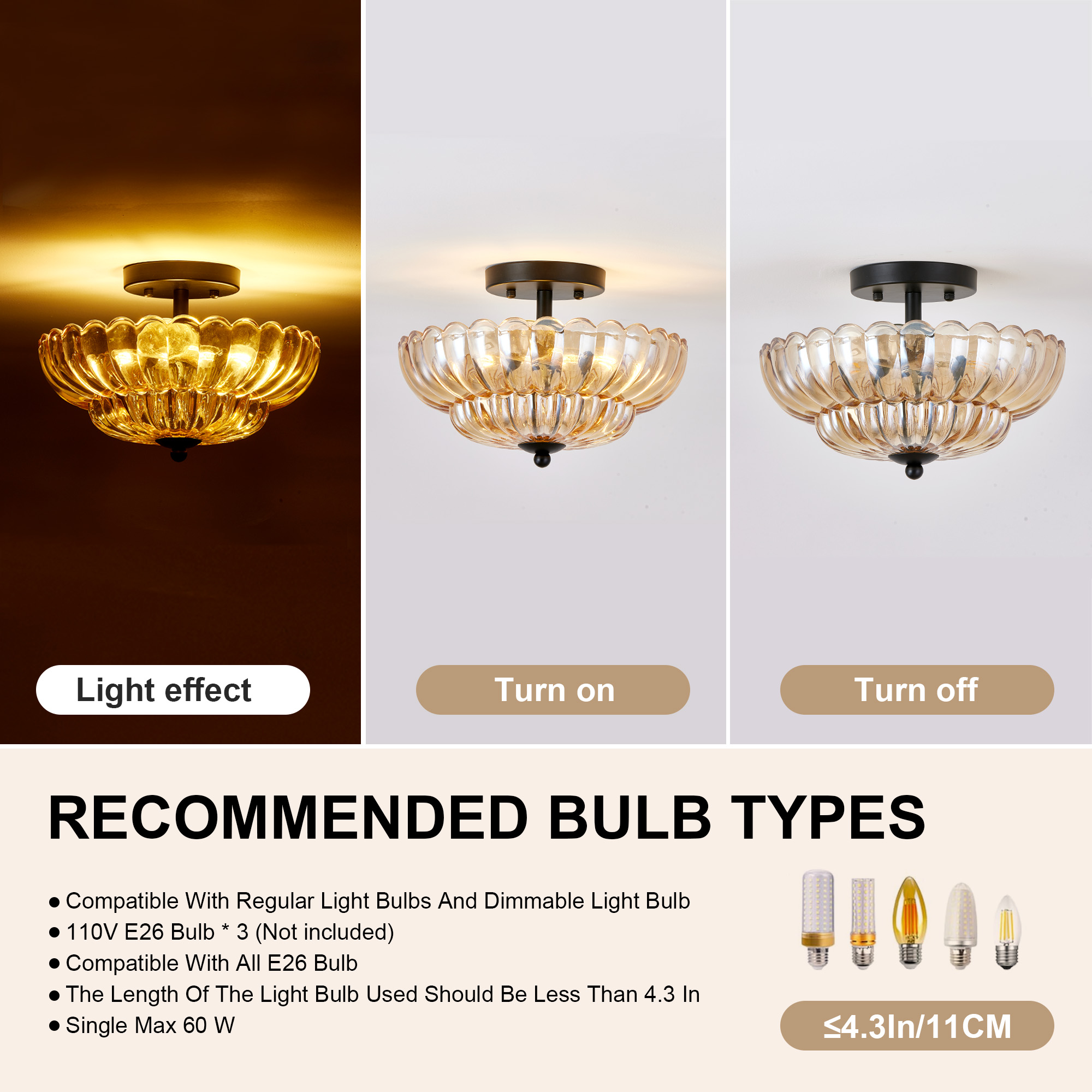 Semi Flush Mount Ceiling Light, Amber Glass Ceiling Light Fixture, 3-Bulb Modern Black Close to Ceiling Light, Vintage Glass Ceiling Lights for Bedroom Kitchen Living Room, Bulb Not Included — foto 3