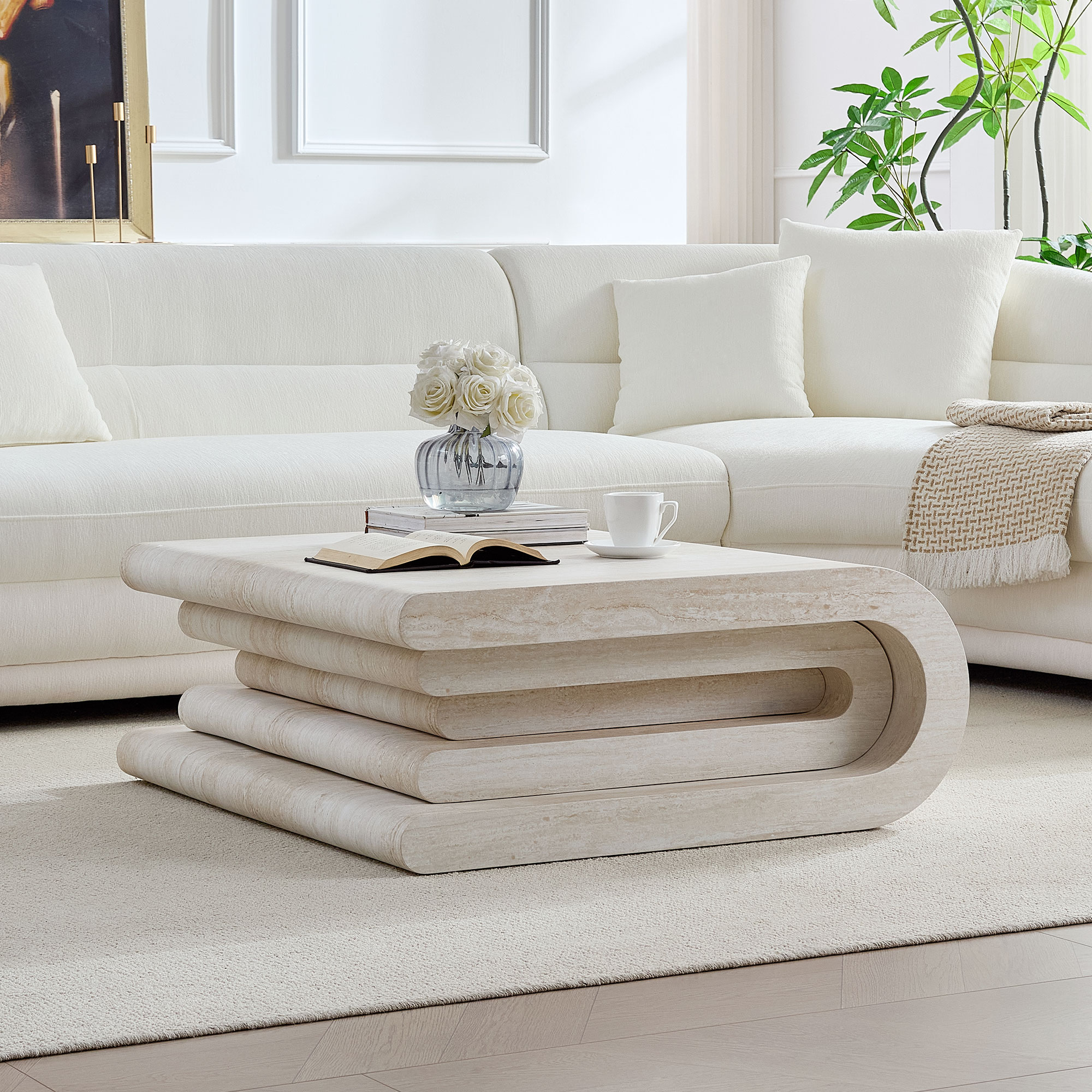 33.86 Inch Square Faux Travertine Pattern Coffee Table for Living Room,MDF Table,Modern Design Irregular Coffee Table with Layered Base for Office,Apartment,No need Assembly — foto 4