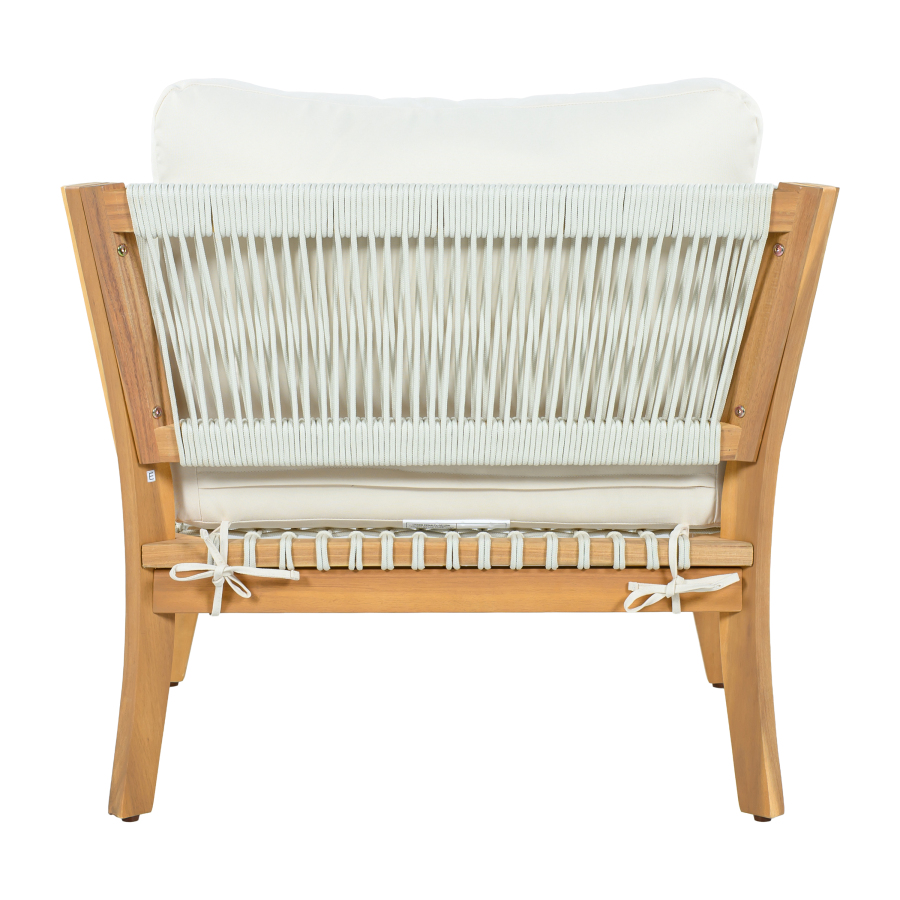 30.3" Outdoor Acacia Wood Patio Chair with Woven Rope Accents, Weather-Resistant Single Lounge Chair with Thick Cushions, Modern Accent Chair for Backyard, Deck, Poolside