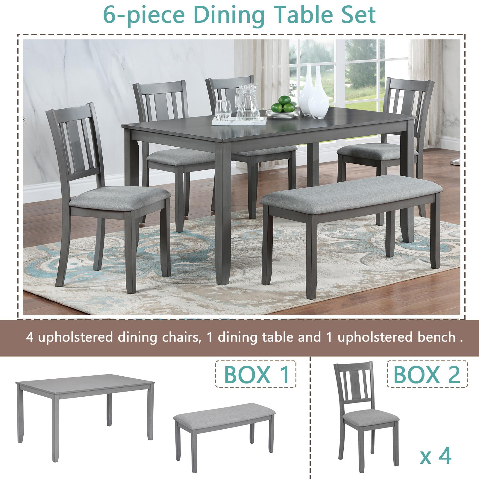 6-Piece Solid Wood Dining Table Set – Elegant Rectangular Table with 4 Upholstered Chairs and Bench for Family Gatherings