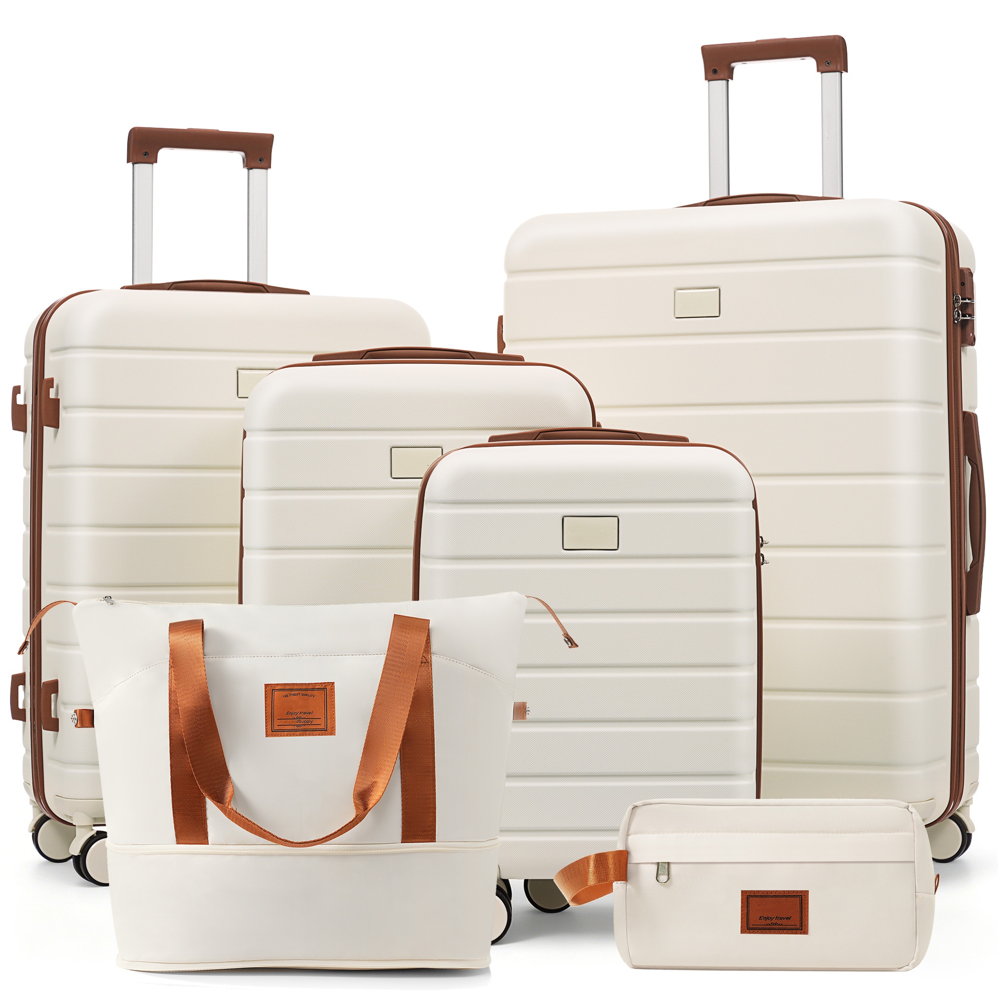6-Piece Hardside Luggage Set with TSA Lock, 16/20/24/28 Inch Spinner Suitcase Set with Expandable Travel Duffel Bag & Waterproof Toiletry Kit, Adjustable Handle (ivory and brown) 3