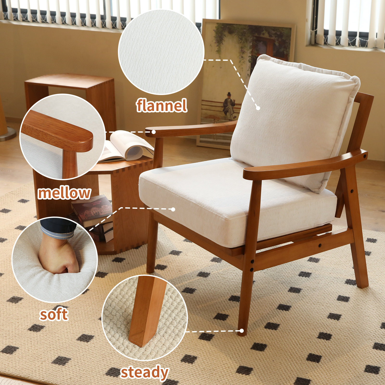 Cute Accent Chair with Solid Wood Frame, Living Room Chair with Soft Fabric Cushion, Cozy Bedroom Chair, Comfy Armchair Reading Chair for Apartment, Waiting Room, Balcony (White) — foto 4