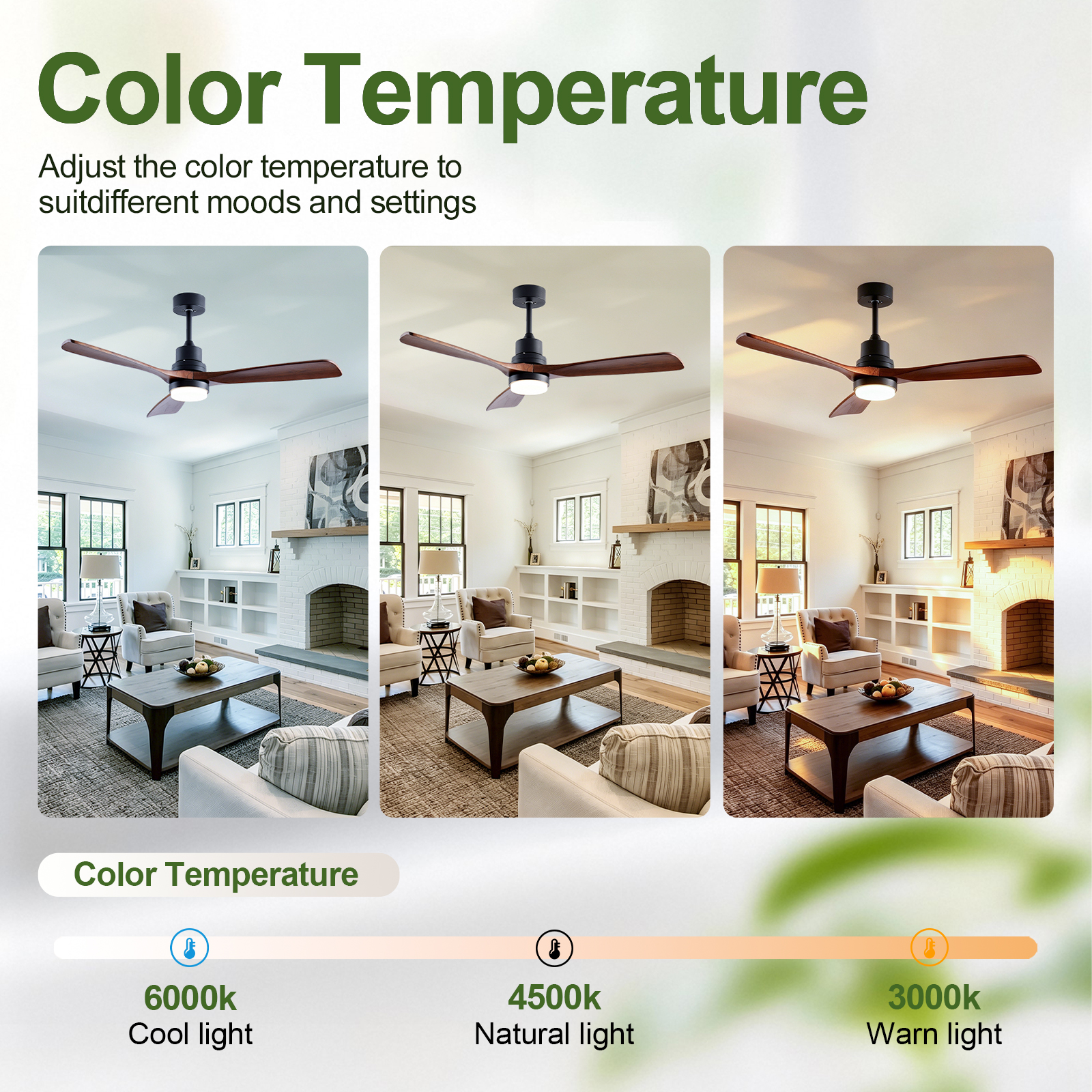 52" Wooden Ceiling Fans with Lighted Remote Control, Indoor Outdoor Wooden Ceiling Fan, Outdoor Modern Ceiling Fan with 3 Fan Blades for Patio, Living Room, Farmhouse, etc (Black + Walnut) — foto 6