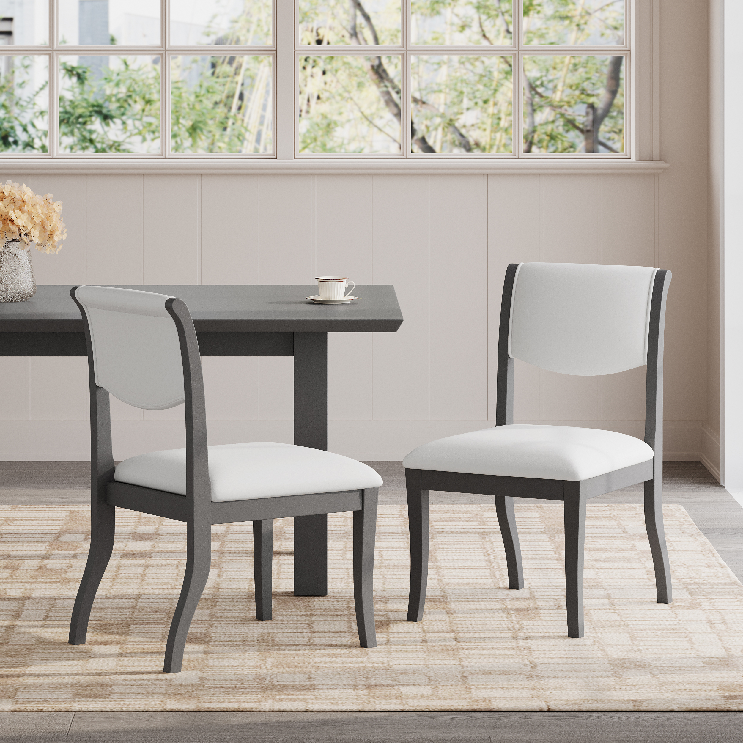 Oak Gray Finish Upholstered Dining Chairs Set of 2 - Traditional Elegant Fabric Side Chairs with Curved Lines, Solid Hardwood Frame — foto 6